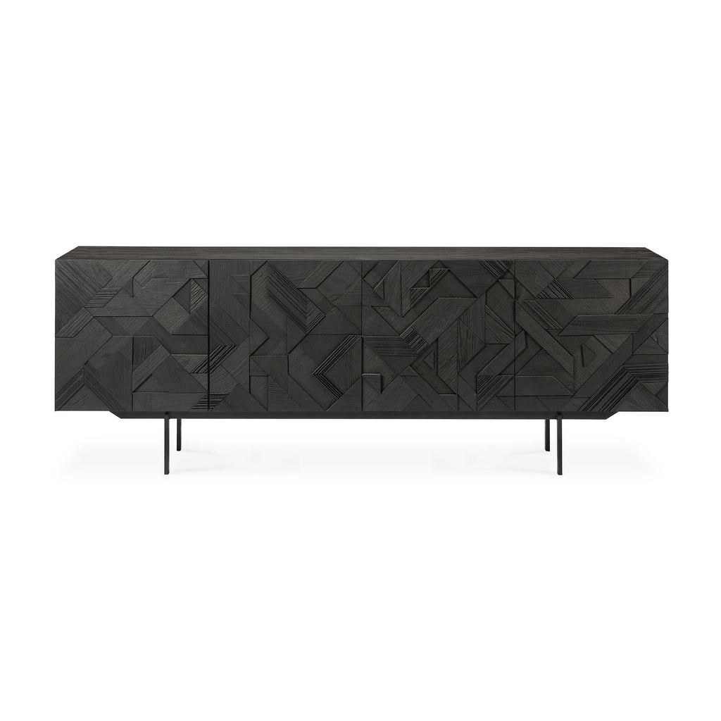 Buffet géométrique en teck à 4 portes avec motif de triangles superposés pour salon ou salle à manger