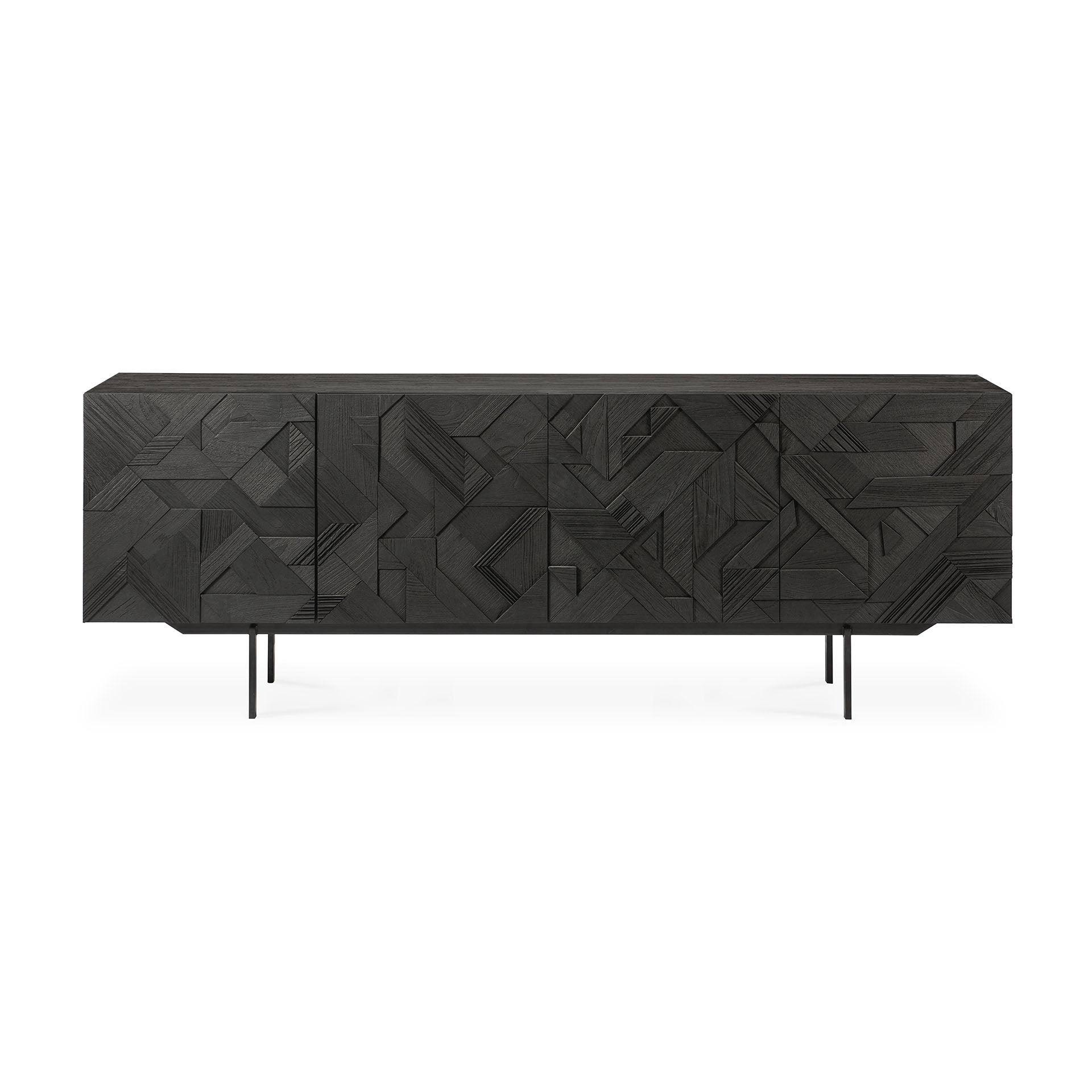 Buffet géométrique en teck à 4 portes avec motif de triangles superposés pour salon ou salle à manger