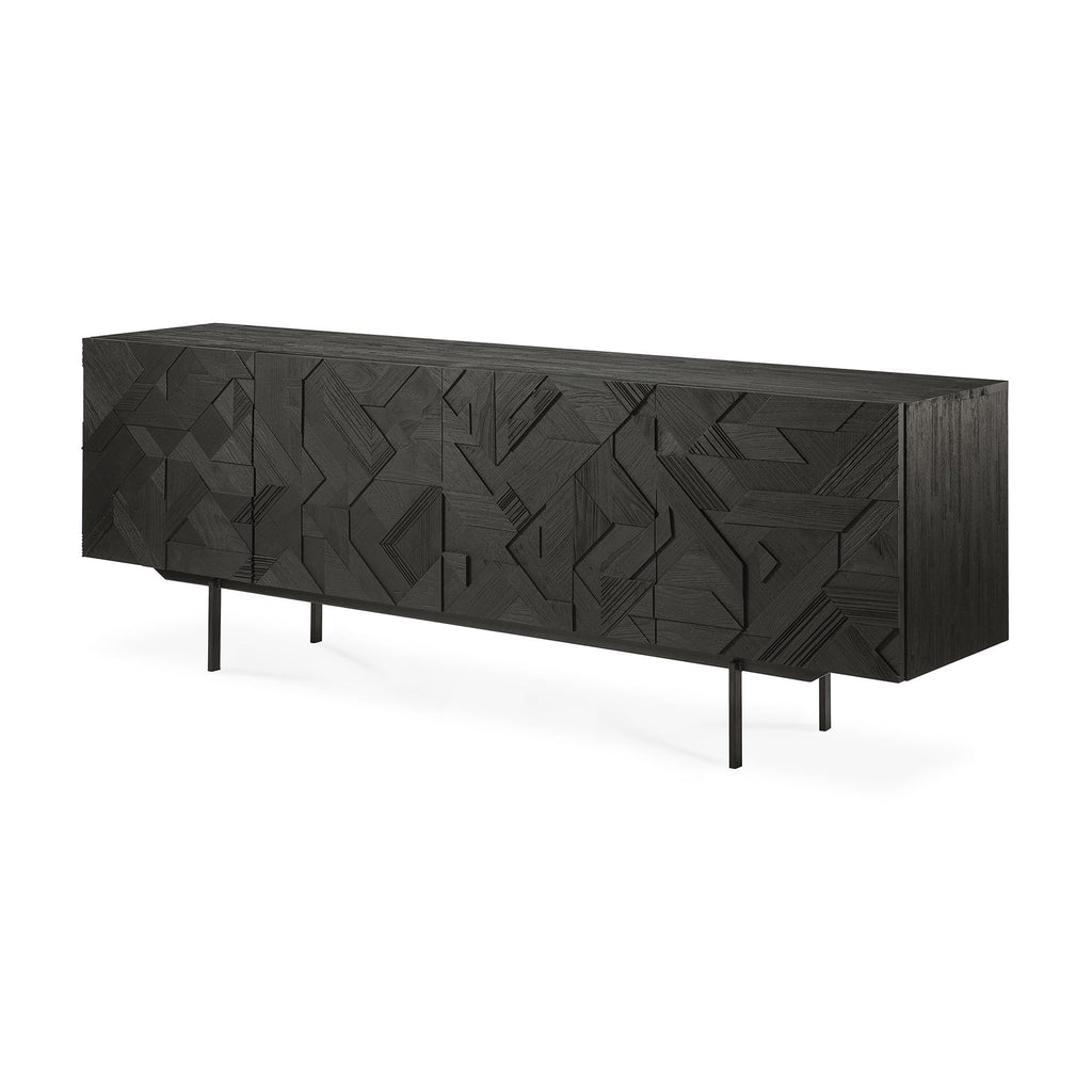 Buffet géométrique en teck à 4 portes avec motif de triangles superposés pour salon ou salle à manger