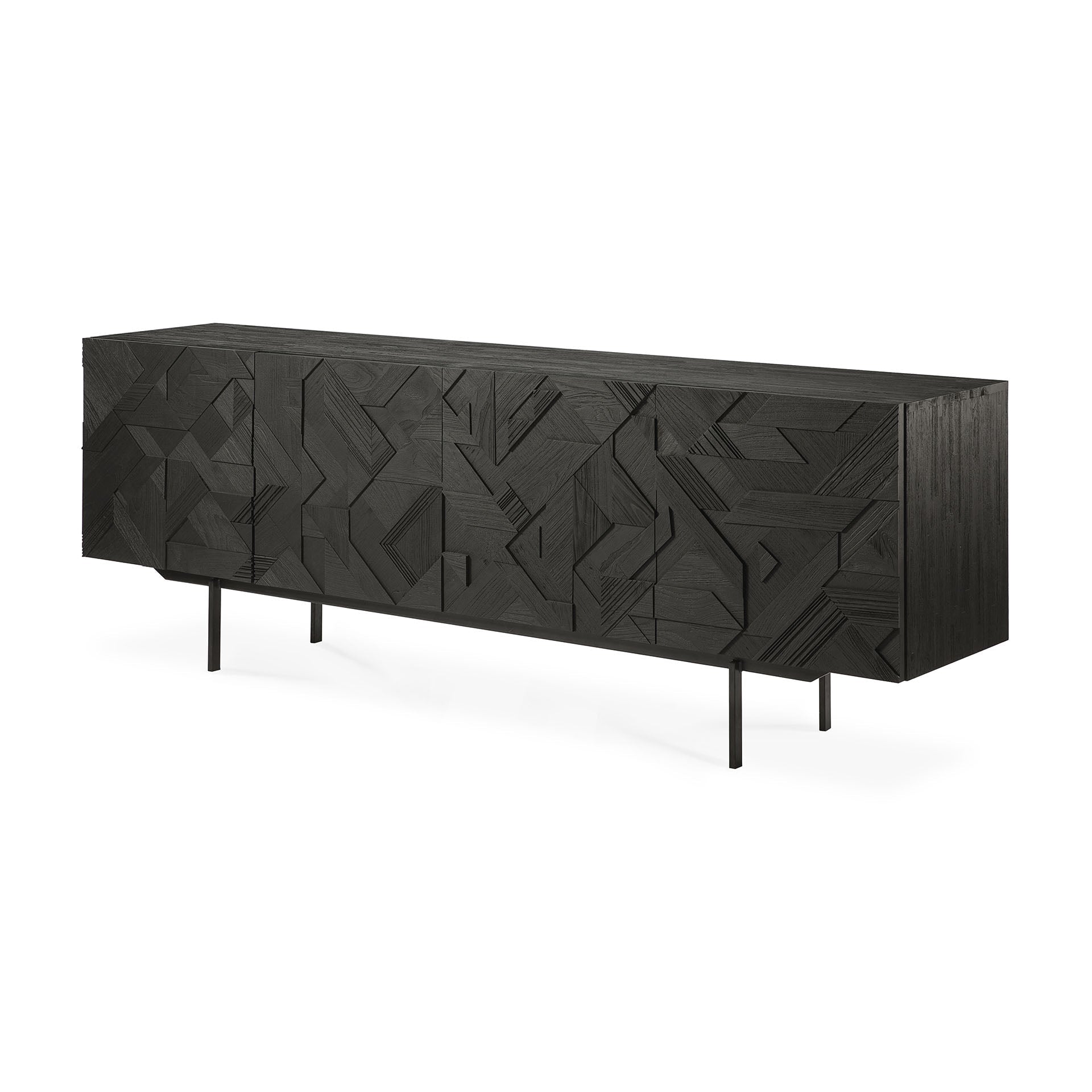 Buffet géométrique en teck à 4 portes avec motif de triangles superposés pour salon ou salle à manger