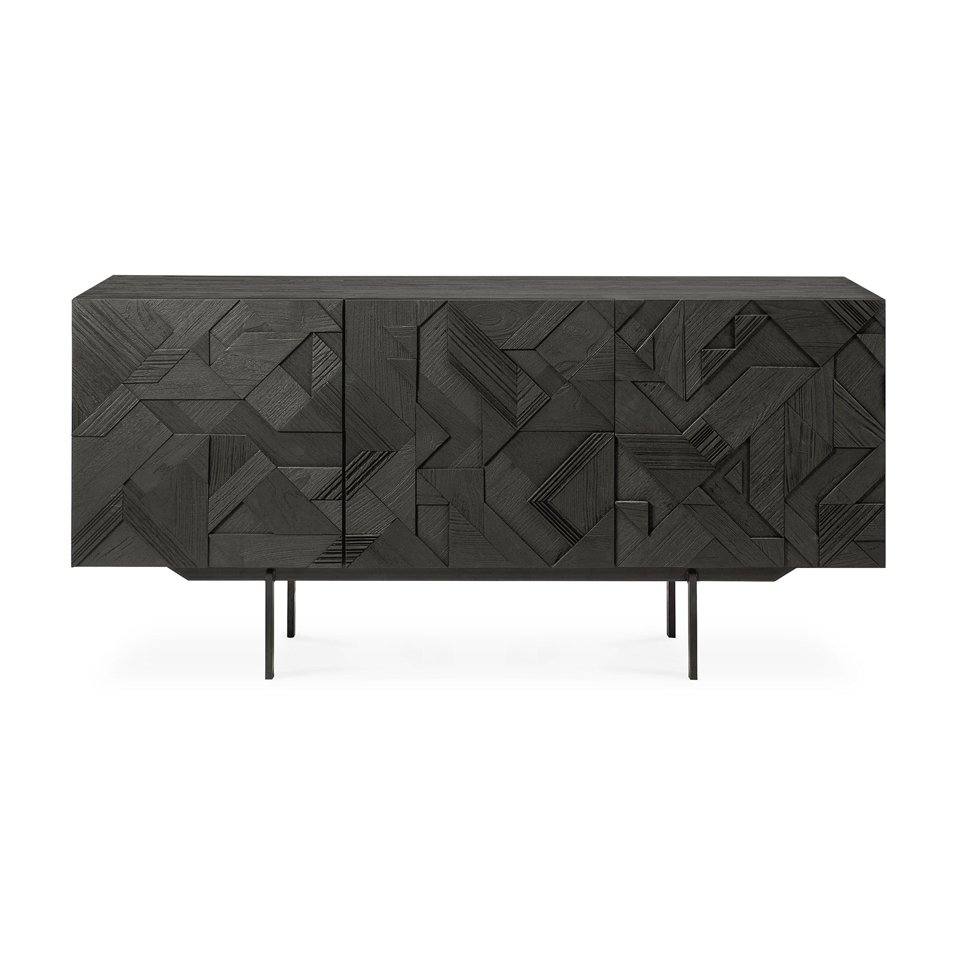 Buffet en teck géométrique à 3 portes avec motif triangulaire superposé pour salon ou salle à manger