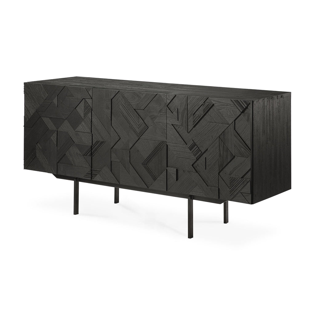 Buffet en teck géométrique à 3 portes avec motif triangulaire superposé pour salon ou salle à manger