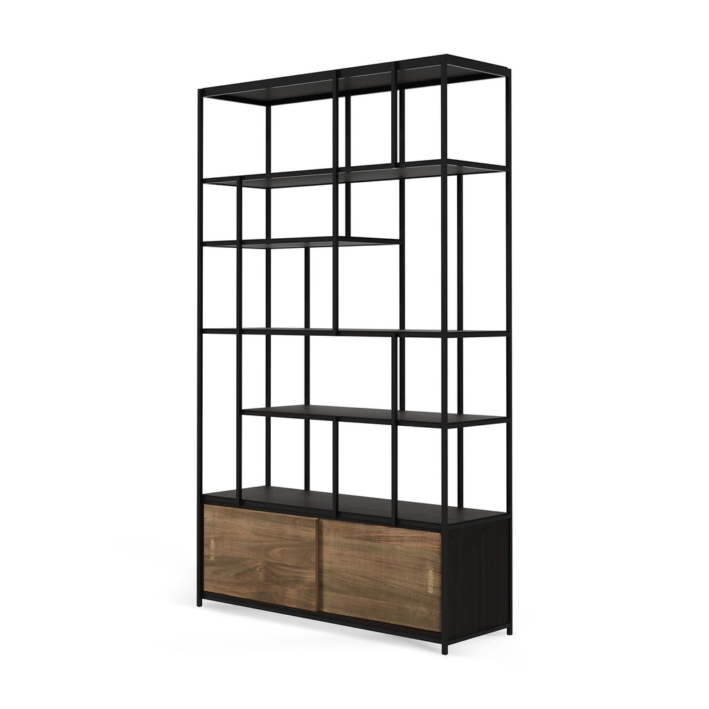 Étagère artisanale en teck sculpté à 2 portes coulissantes avec présentoir et rangement pour salon ou studio