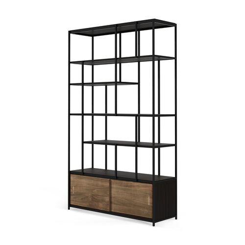 Étagère artisanale en teck sculpté à 2 portes coulissantes avec présentoir et rangement pour salon ou studio