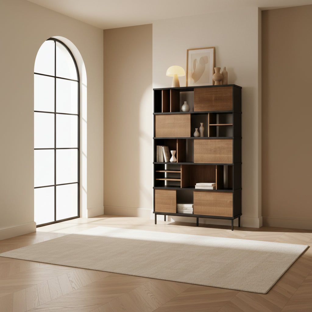Étagère artisanale en teck sculpté à la main avec 5 portes coulissantes et compartiments asymétriques pour salon ou bureau