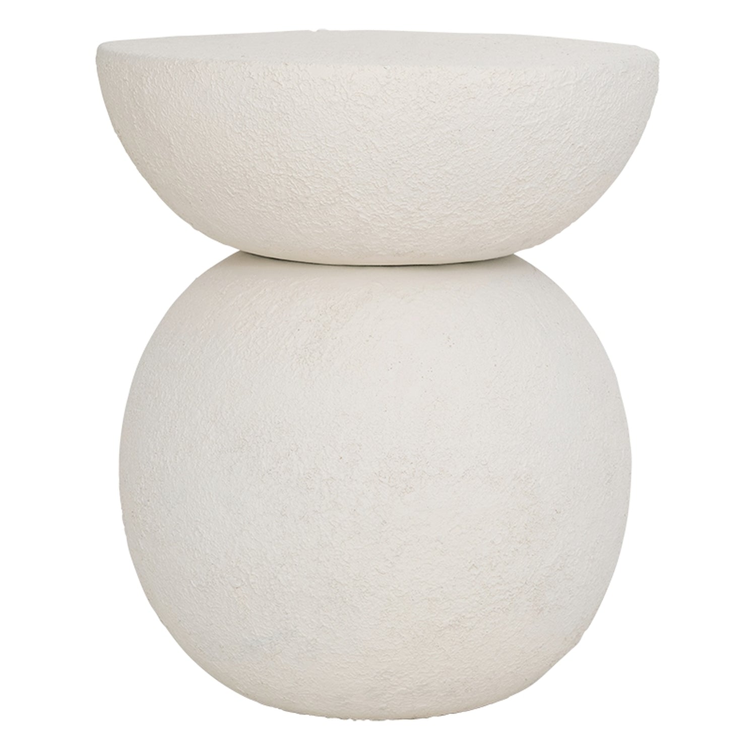 Table d'appoint ronde en métal faite à la main et organique, finition blanc cassé texturé brut, pour chambre ou salon.