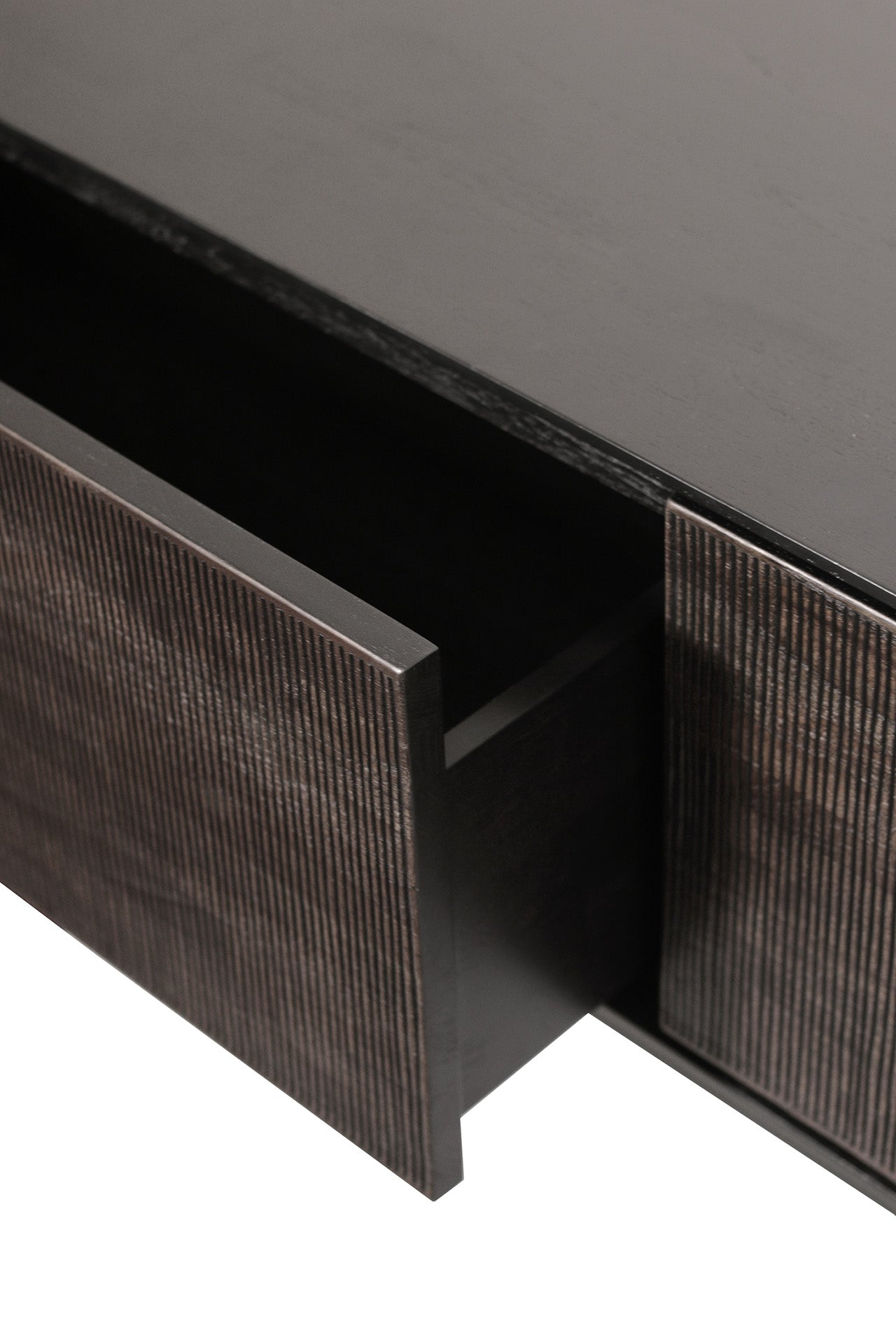 Meuble TV artisanal en teck sculpté à la main, avec porte abattante et 2 tiroirs, pour salon