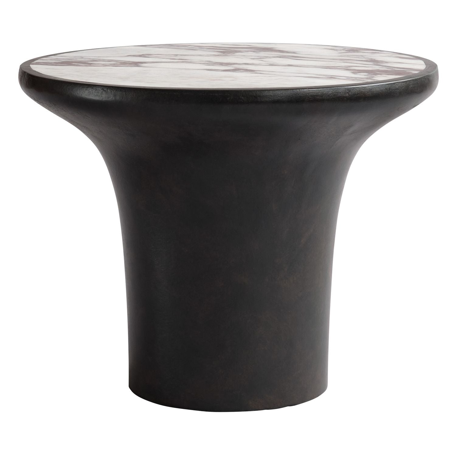Table d'appoint ronde en béton et marbre Calacatta d'inspiration années 70 avec base incurvée pour salon ou chambre à coucher