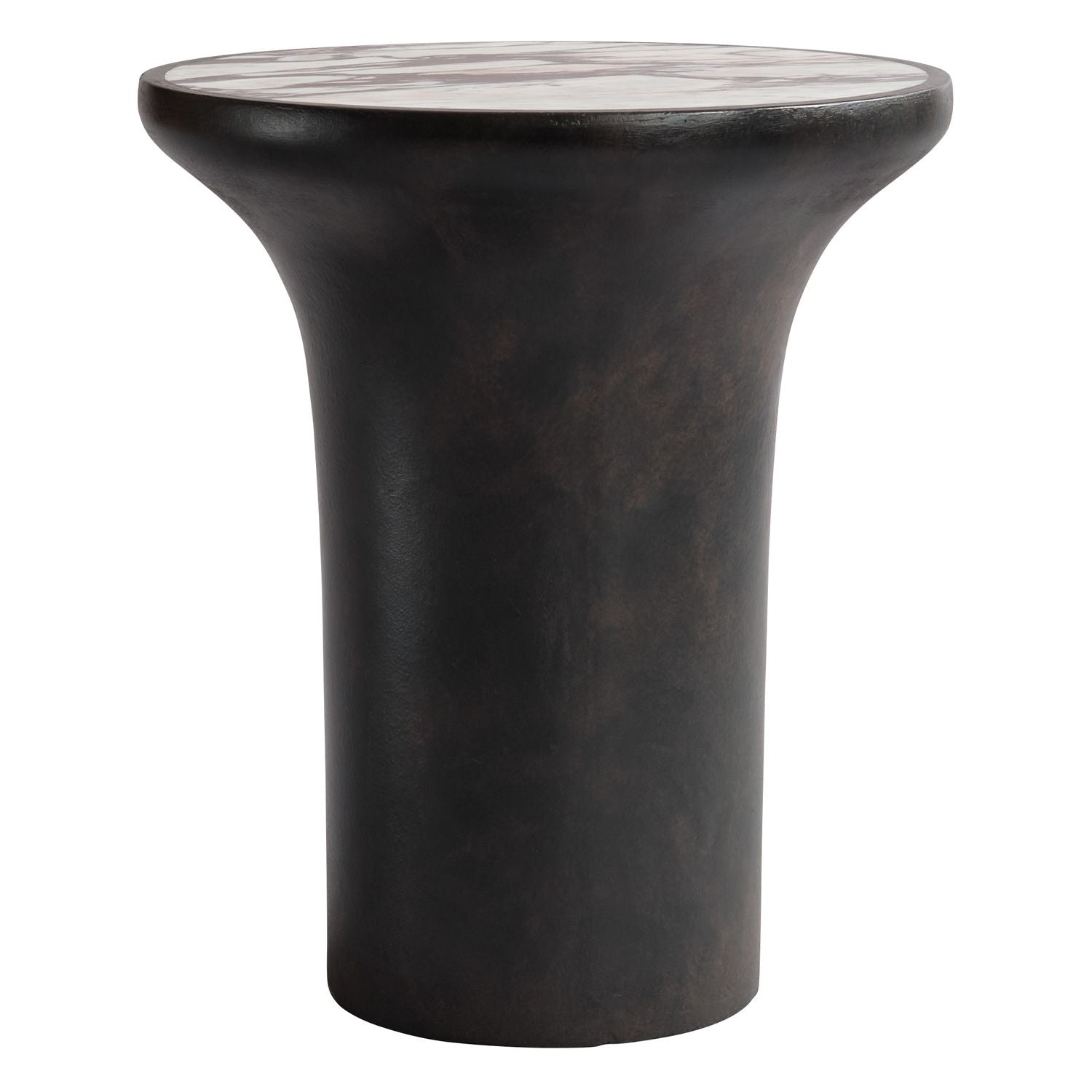 Table d'appoint ronde en béton et marbre Calacatta d'inspiration années 70 avec base incurvée pour salon ou chambre à coucher