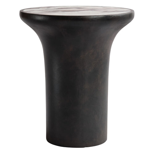 Table d'appoint ronde en béton et marbre Calacatta d'inspiration années 70 avec base incurvée pour salon ou chambre à coucher