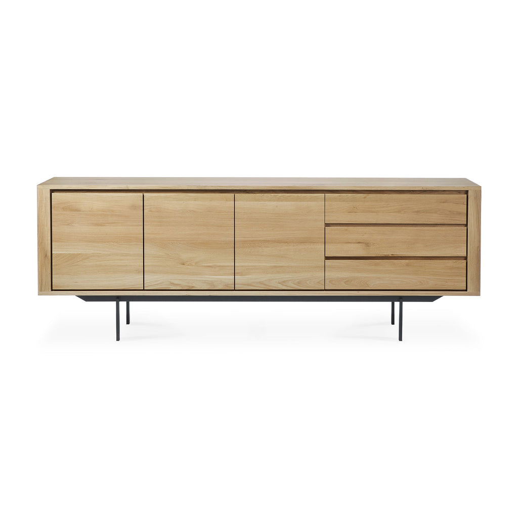 Enfilade minimaliste en chêne massif 3 portes 3 tiroirs avec piètement en métal noir pour salon ou salle à manger
