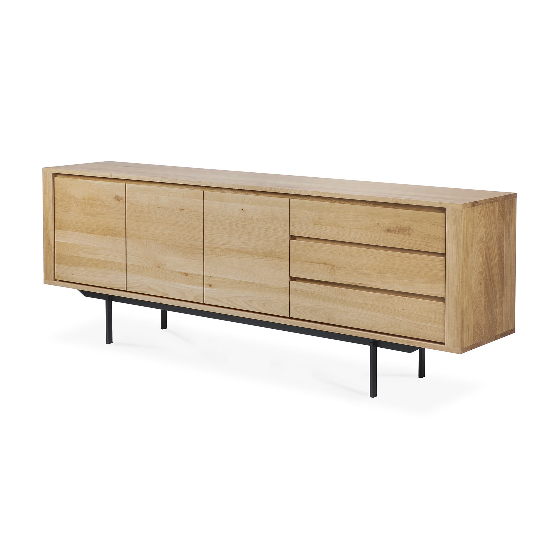 Enfilade minimaliste en chêne massif 3 portes 3 tiroirs avec piètement en métal noir pour salon ou salle à manger