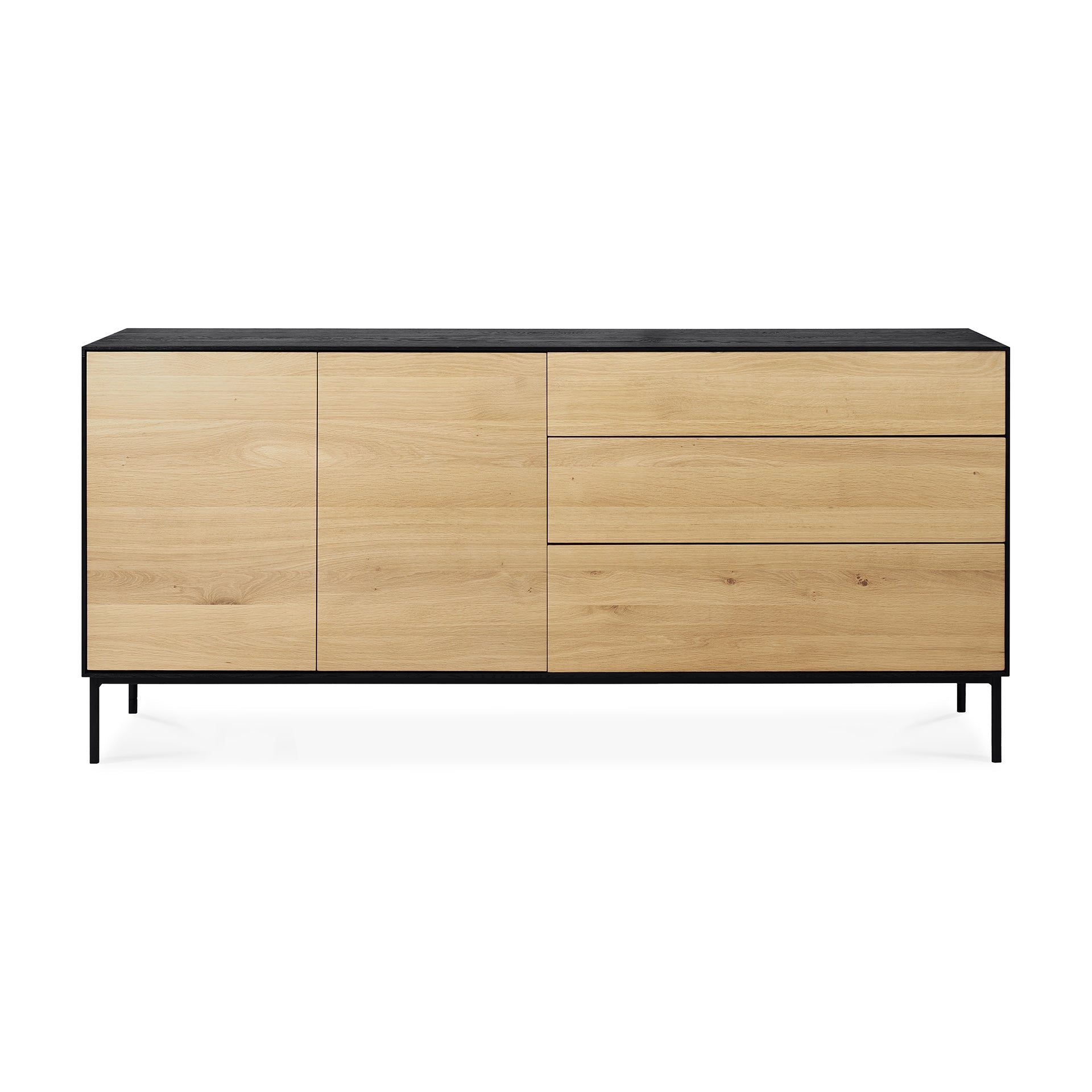 Buffet en chêne teinté noir moderne à 2 portes et 3 tiroirs avec cadre foncé contrastant pour salon ou salle à manger
