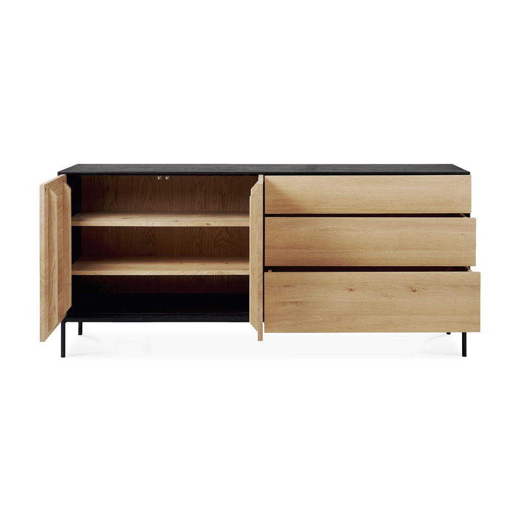 Buffet en chêne teinté noir moderne à 2 portes et 3 tiroirs avec cadre foncé contrastant pour salon ou salle à manger