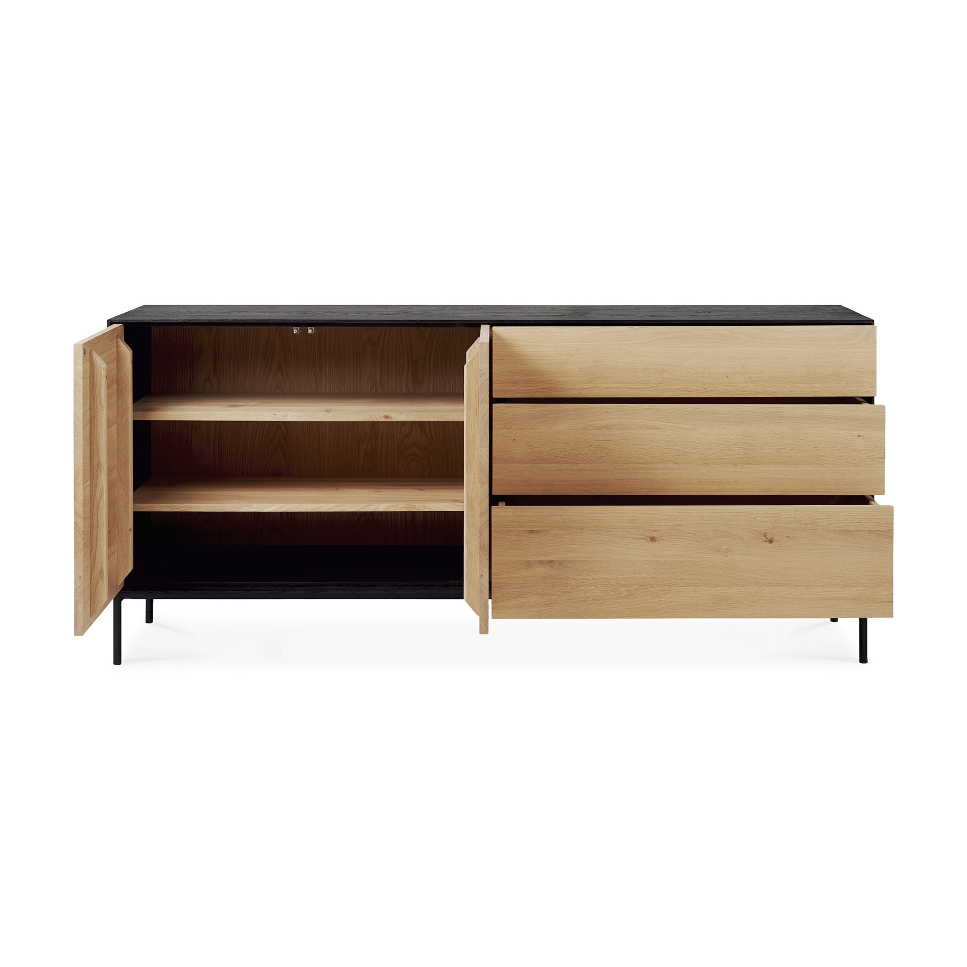Buffet en chêne teinté noir moderne à 2 portes et 3 tiroirs avec cadre foncé contrastant pour salon ou salle à manger