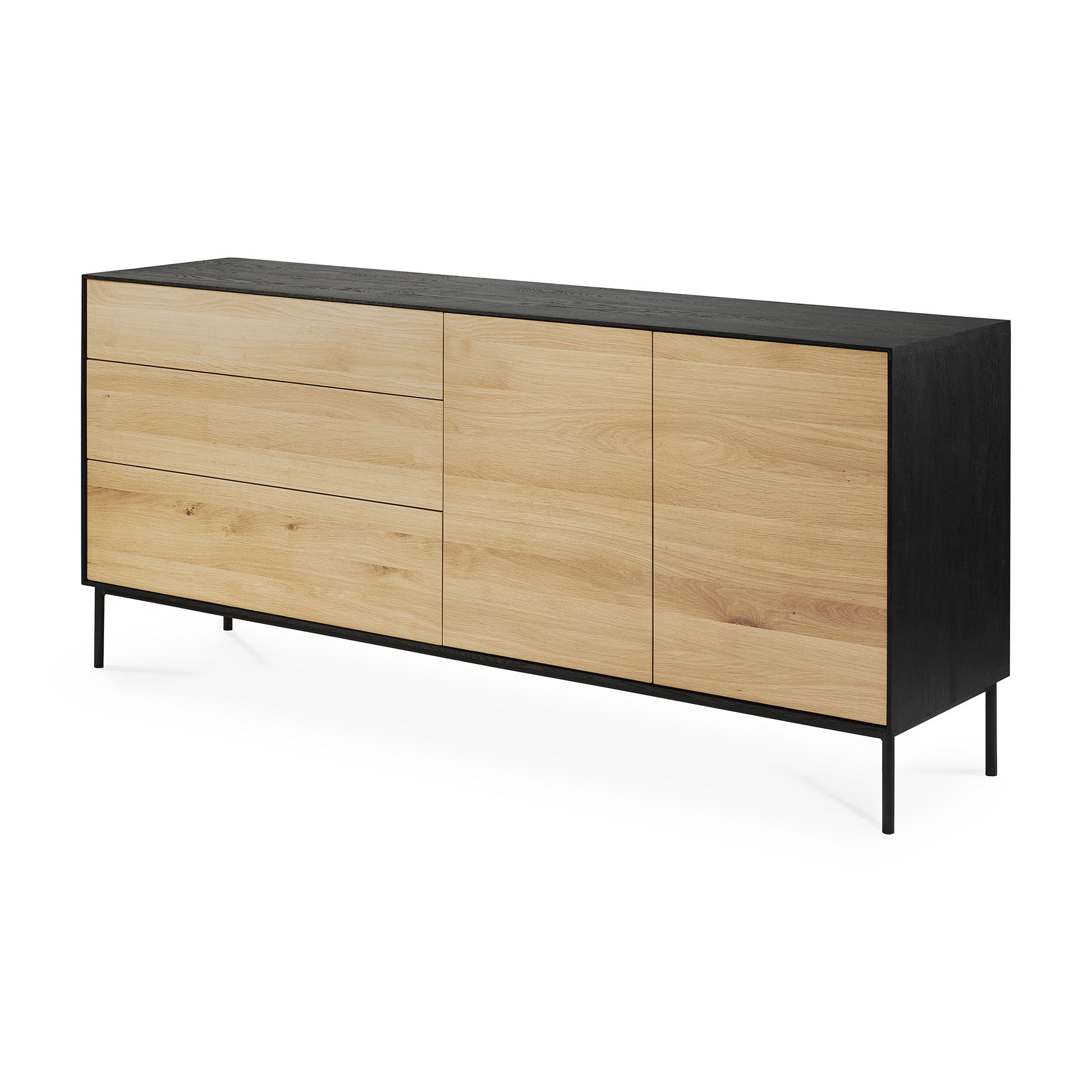 Buffet en chêne teinté noir moderne à 2 portes et 3 tiroirs avec cadre foncé contrastant pour salon ou salle à manger
