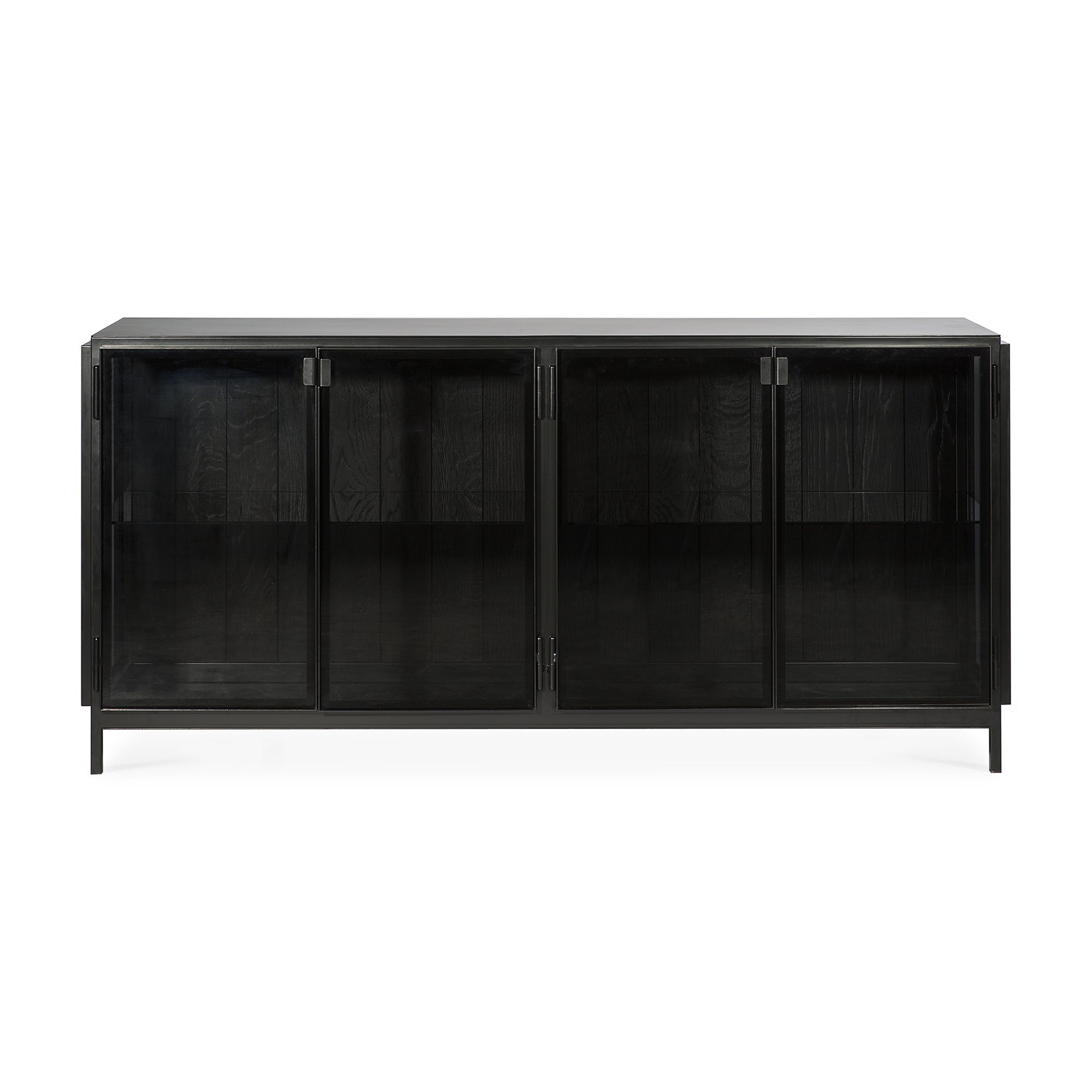 Buffet 4 portes en chêne et verre avec portes en verre à cadre noir pour le salon