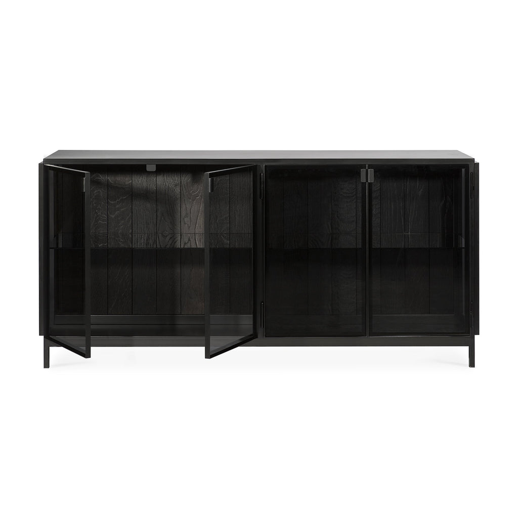 Buffet 4 portes en chêne et verre avec portes en verre à cadre noir pour le salon