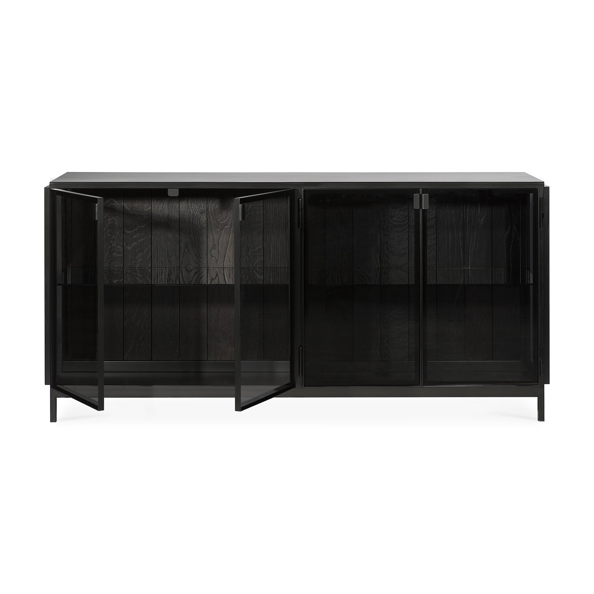 Buffet 4 portes en chêne et verre avec portes en verre à cadre noir pour le salon
