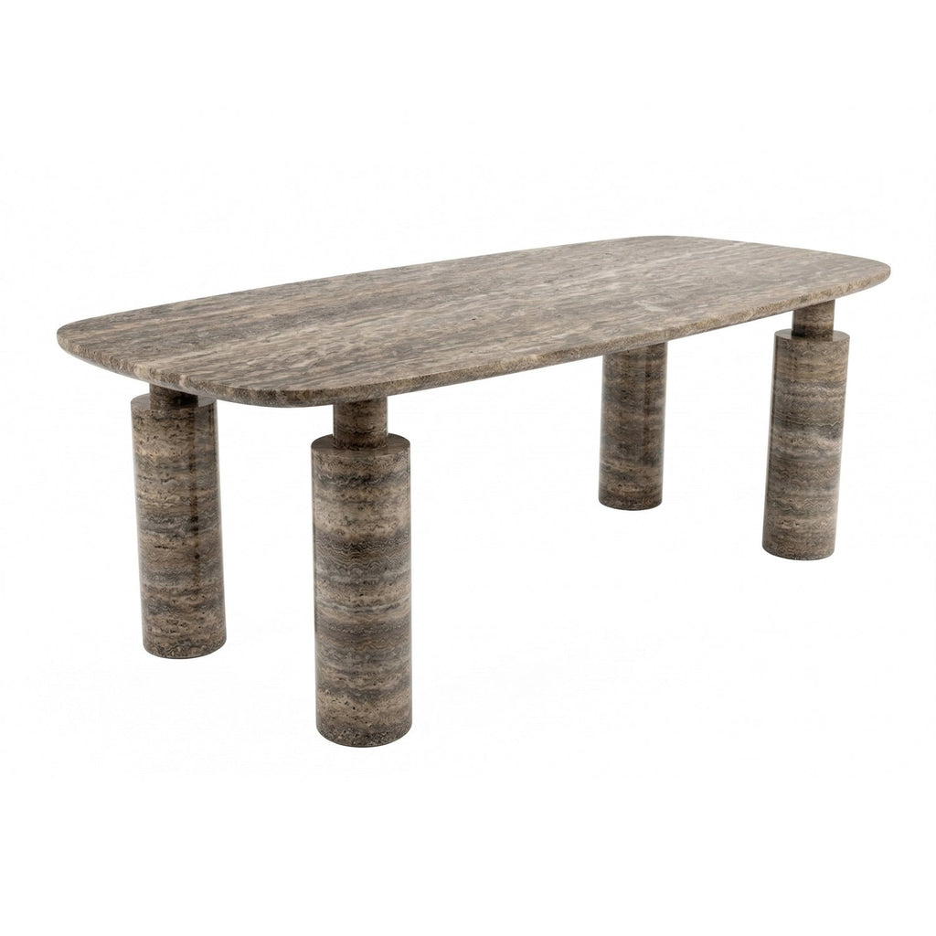 Table de salle à manger ronde en pierre naturelle sculpturale, au motif organique de travertin
