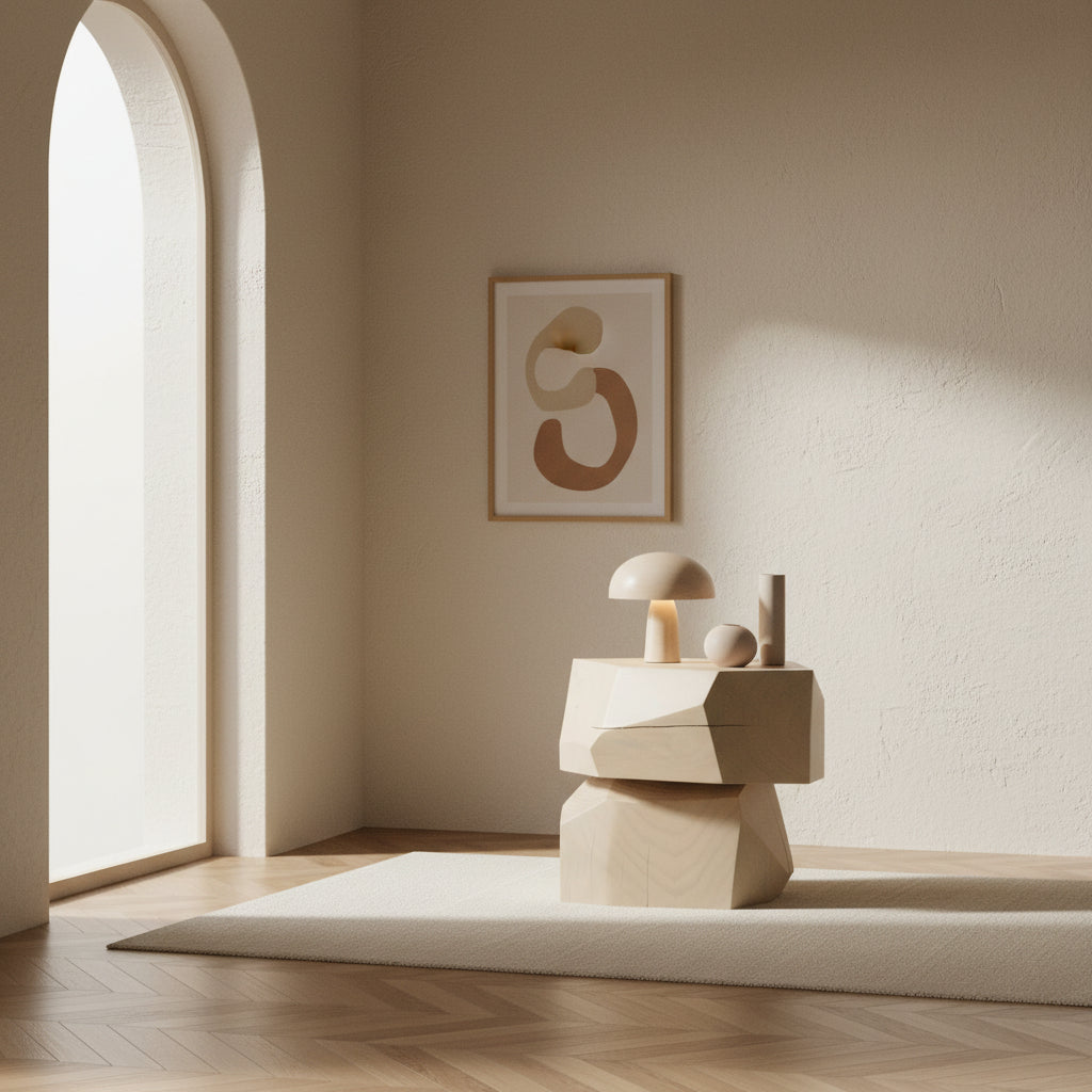 Table d'appoint cylindrique minimaliste en pin blanc craie avec finition bois naturel mat blanc pour chambre ou salon