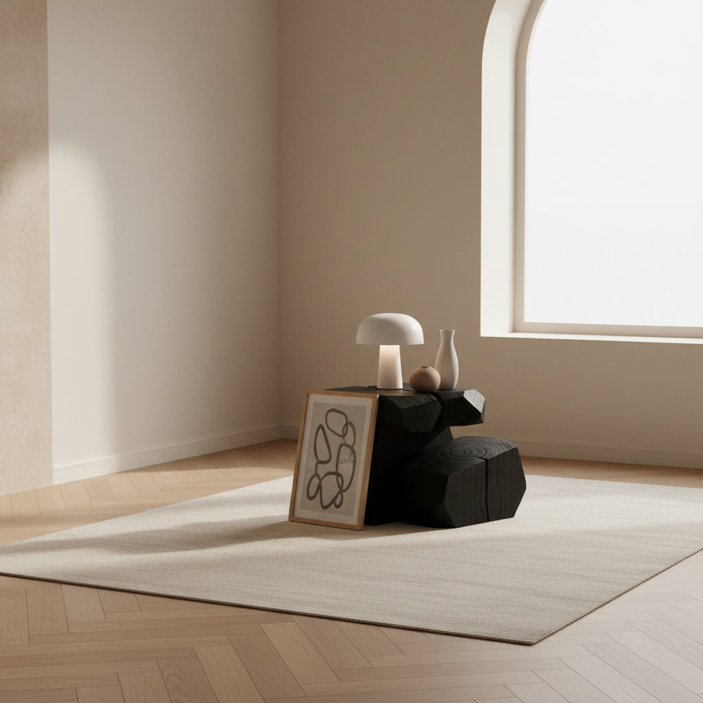Table d'appoint carrée moderne en pin sablé avec texture chaude noire mate pour chambre ou salon