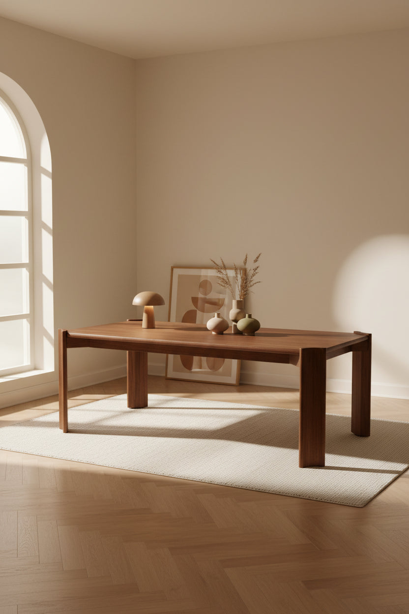 Table à manger scandinave en bois massif avec surface chaleureuse et accueillante pour la salle à manger
