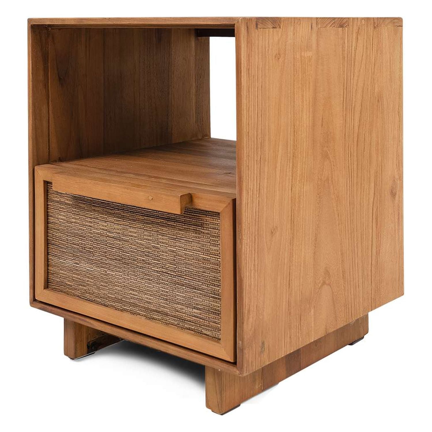 Table de chevet en teck recyclé naturel avec feuille de noix de coco, étagère ouverte et tiroir simple pour chambre à coucher