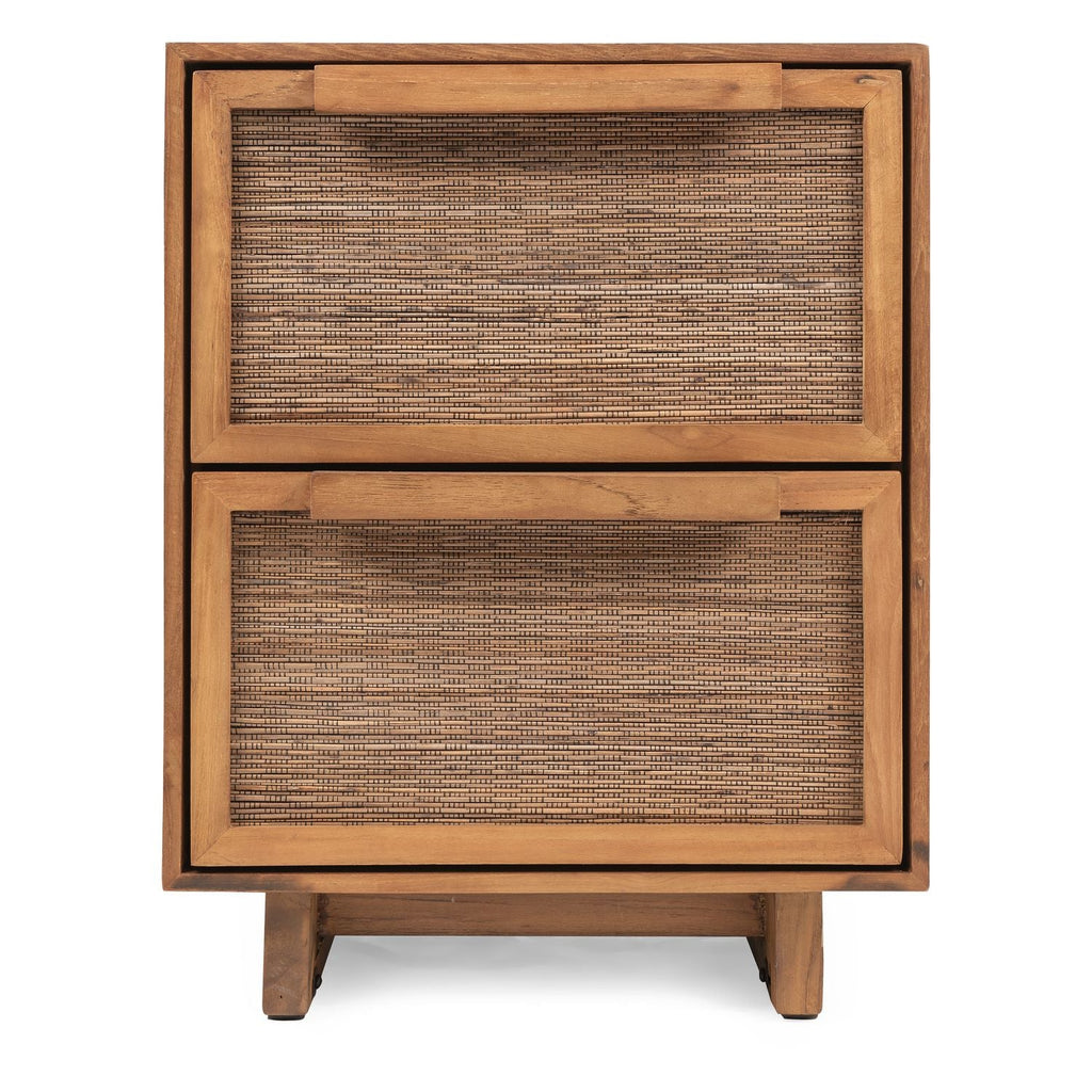 Table de chevet en teck naturel recyclé et feuille de cocotier avec 2 tiroirs à fermeture amortie pour chambre à coucher