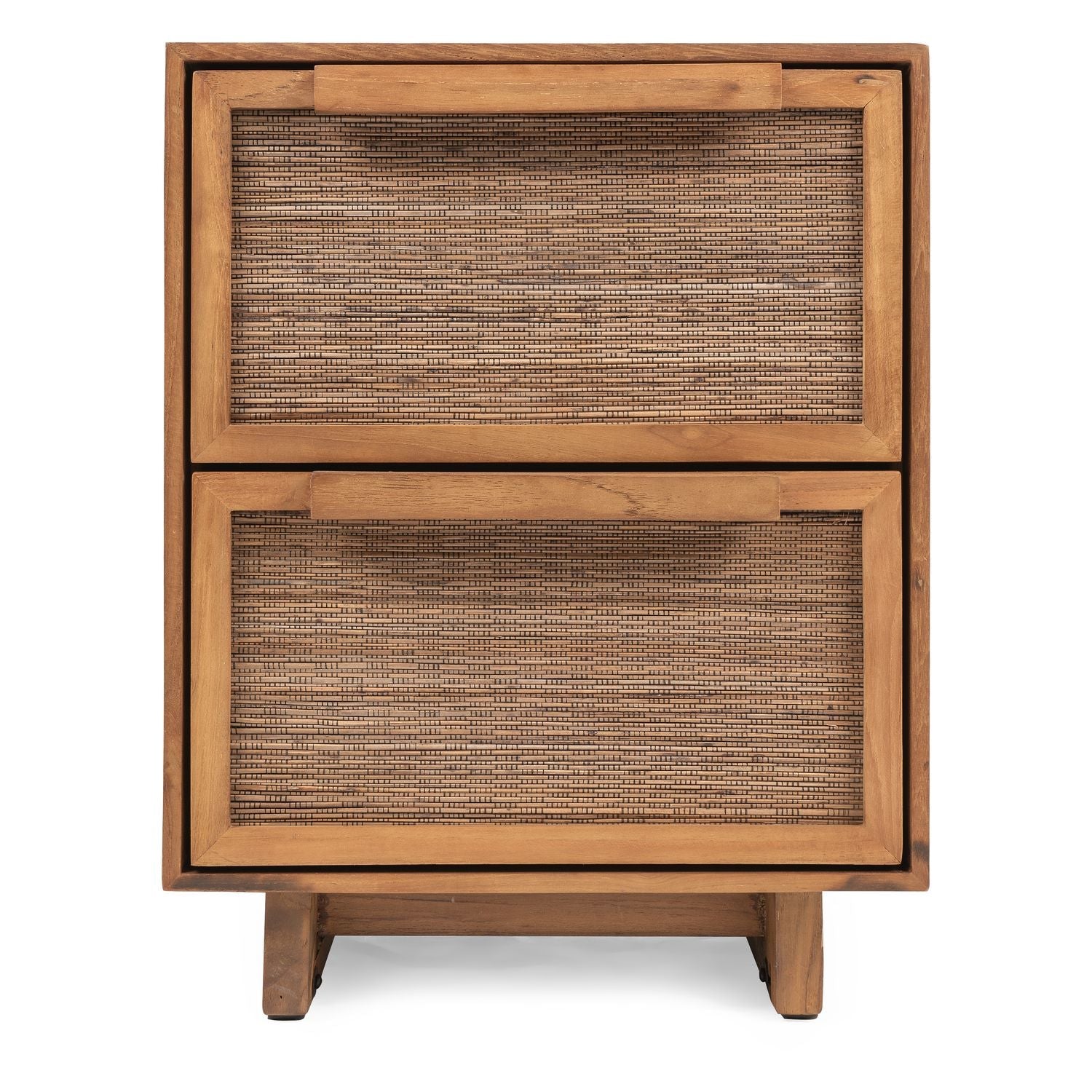 Table de chevet en teck naturel recyclé et feuille de cocotier avec 2 tiroirs à fermeture amortie pour chambre à coucher