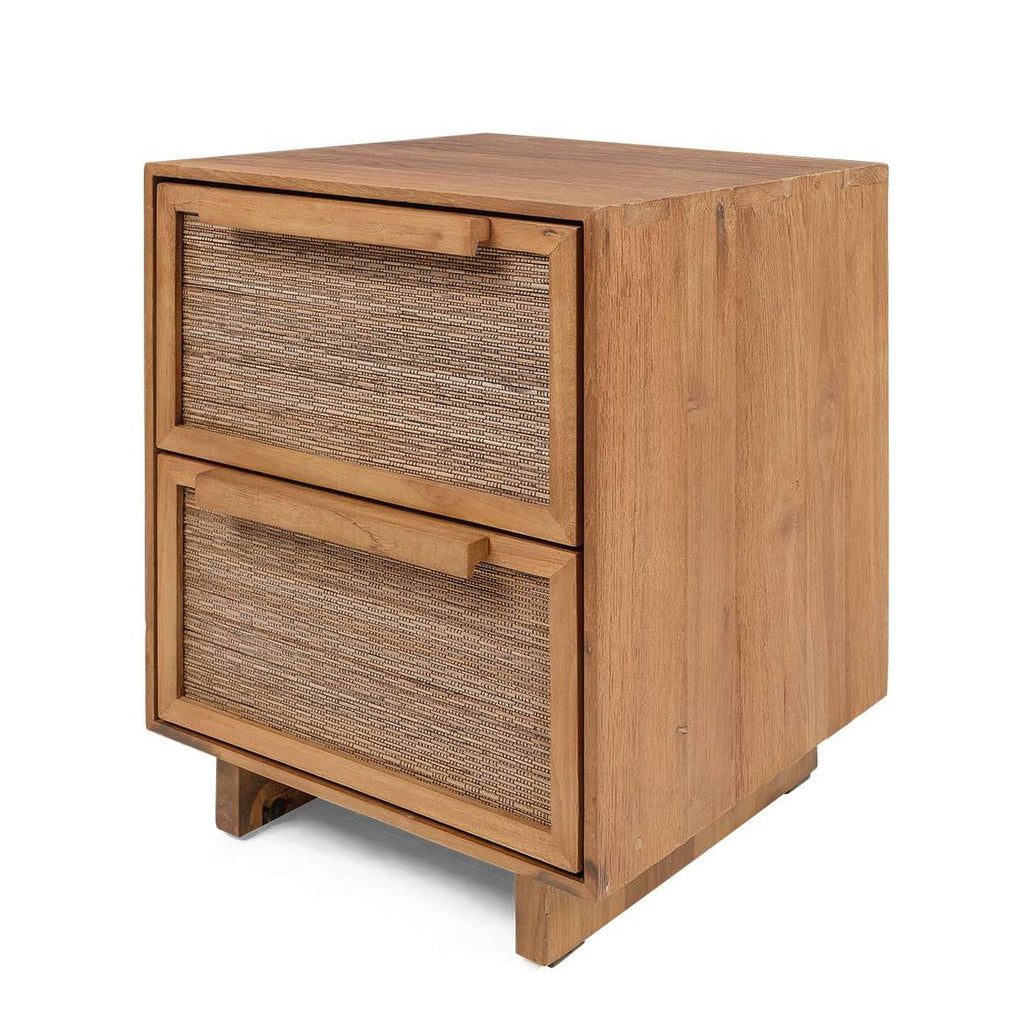 Table de chevet en teck naturel recyclé et feuille de cocotier avec 2 tiroirs à fermeture amortie pour chambre à coucher