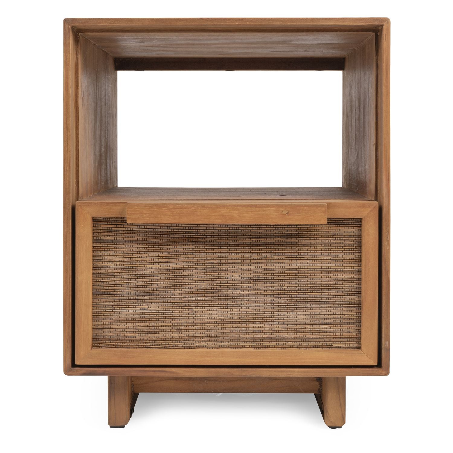 Table de chevet en teck recyclé naturel avec feuille de noix de coco, étagère ouverte et tiroir simple pour chambre à coucher