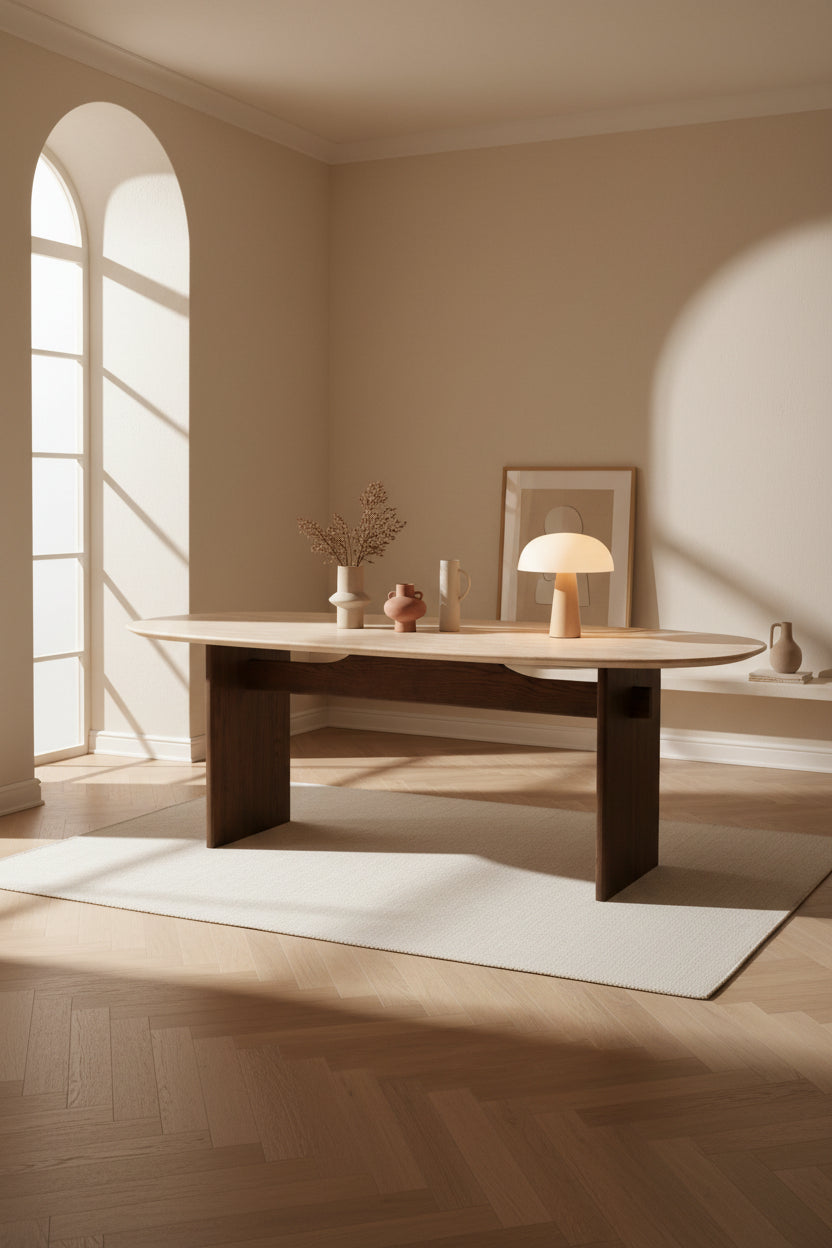 Table à manger en travertin nordique et bois massif avec pieds en dalles reliées par une poutre, pour salle à manger