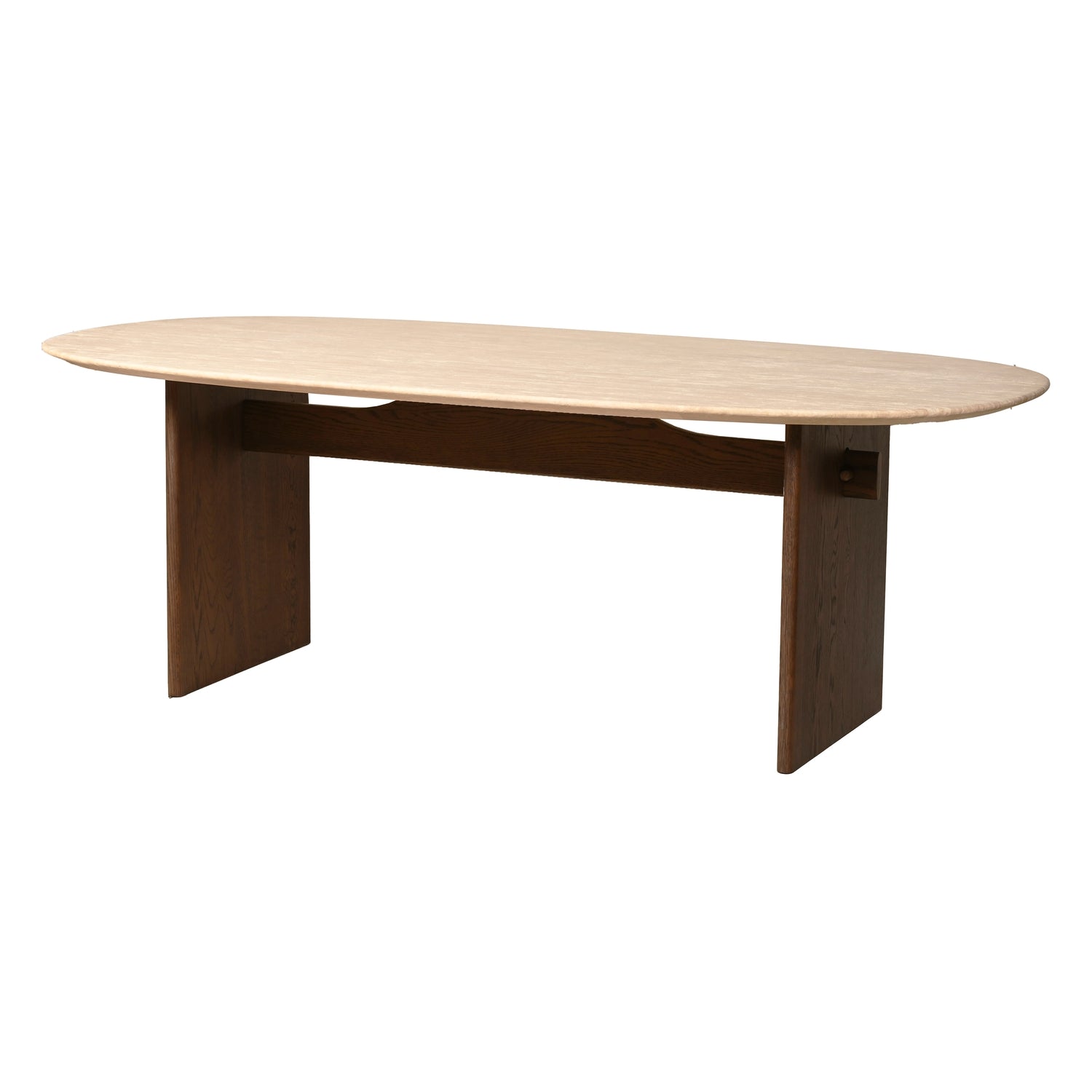 Table à manger en travertin nordique et bois massif avec pieds en dalles reliées par une poutre, pour salle à manger