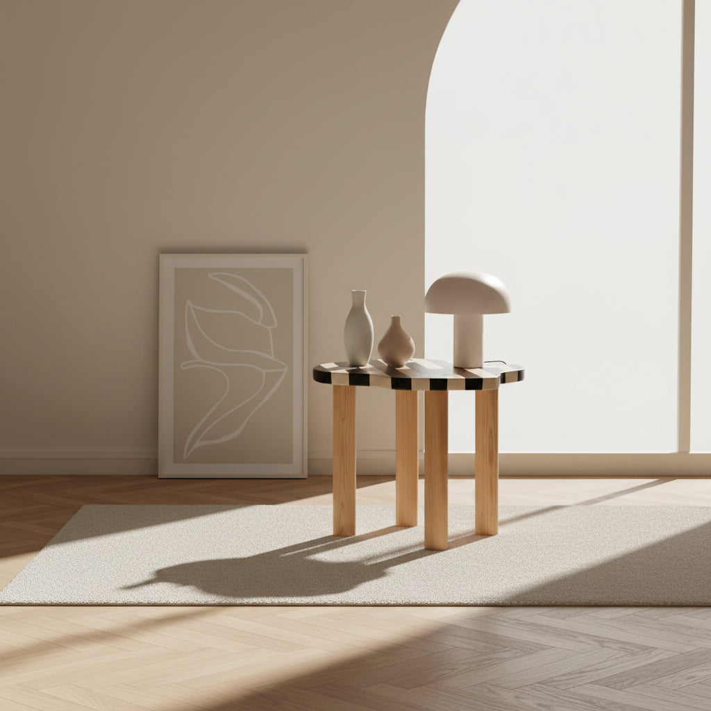 Table d'appoint contemporaine en bois d'hévéa avec accent en acier inoxydable pour salon ou chambre à coucher