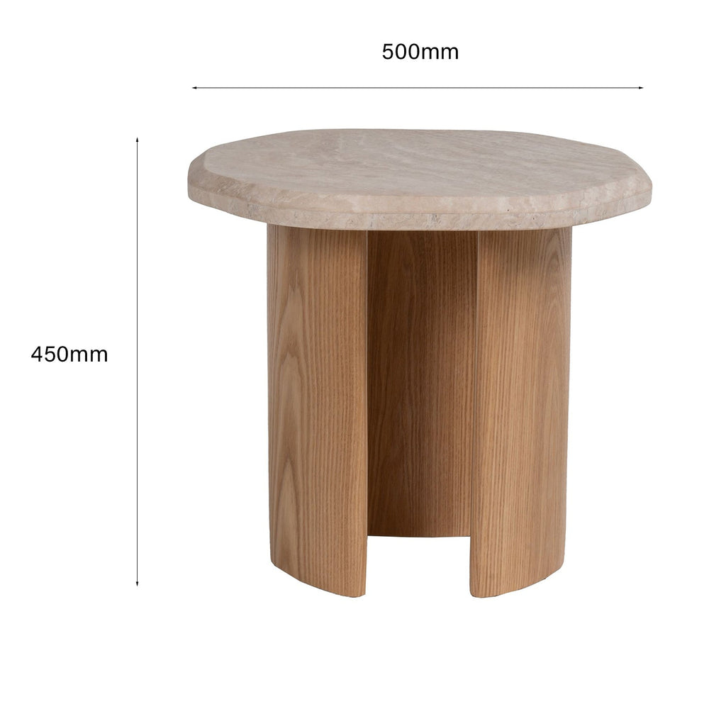 Table d'appoint ronde en chêne travertin naturel avec plateau en pierre et base en bois massif pour le salon ou la chambre à coucher