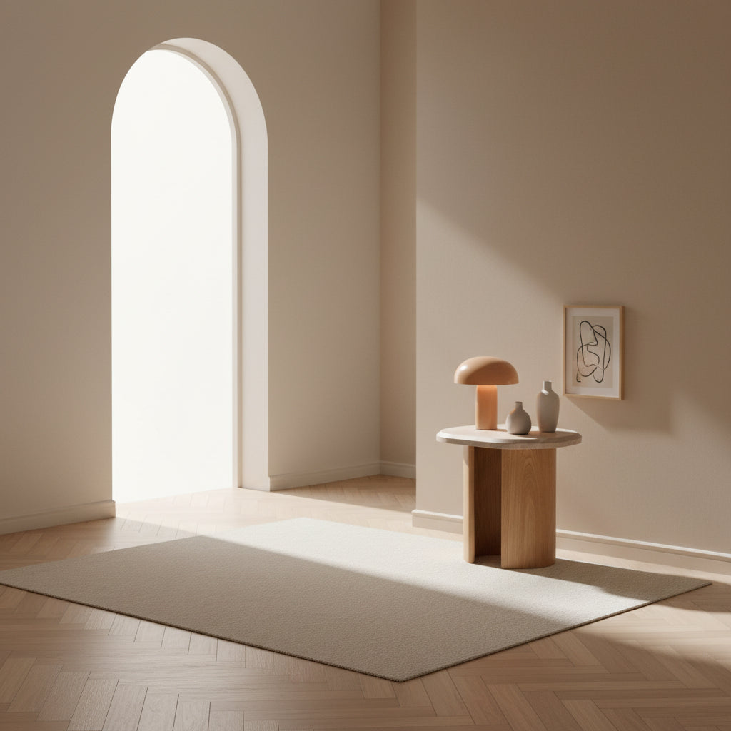 Table d'appoint ronde en chêne travertin naturel avec plateau en pierre et base en bois massif pour le salon ou la chambre à coucher