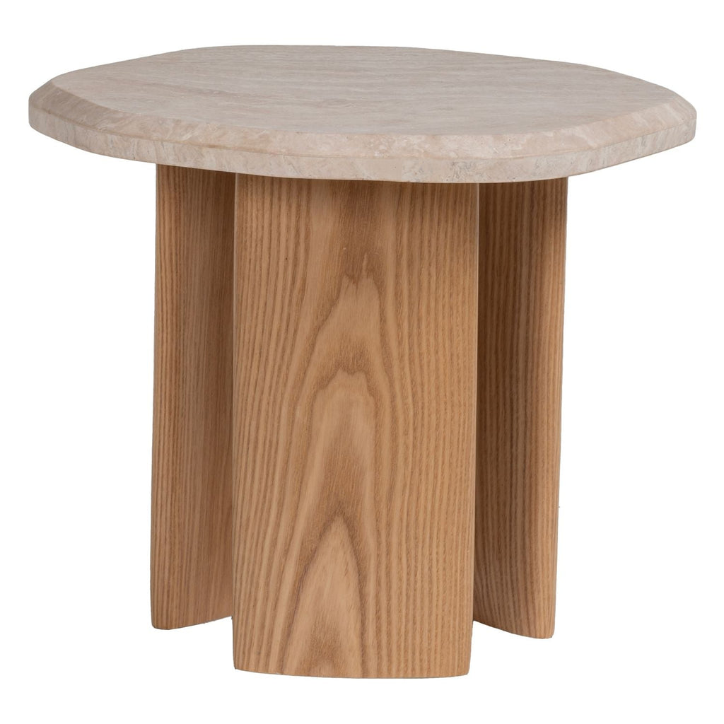 Table d'appoint ronde en chêne travertin naturel avec plateau en pierre et base en bois massif pour le salon ou la chambre à coucher