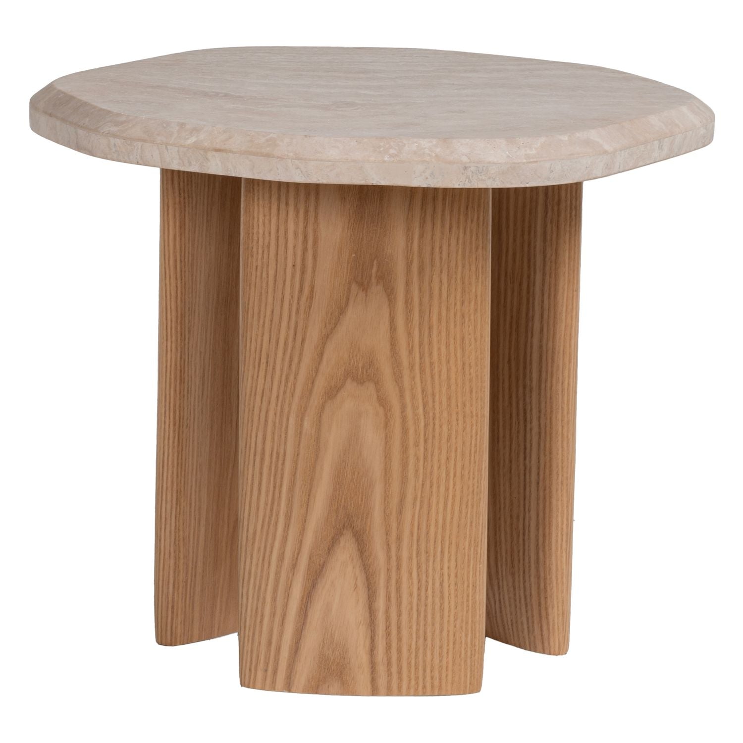 Table d'appoint ronde en chêne travertin naturel avec plateau en pierre et base en bois massif pour le salon ou la chambre à coucher