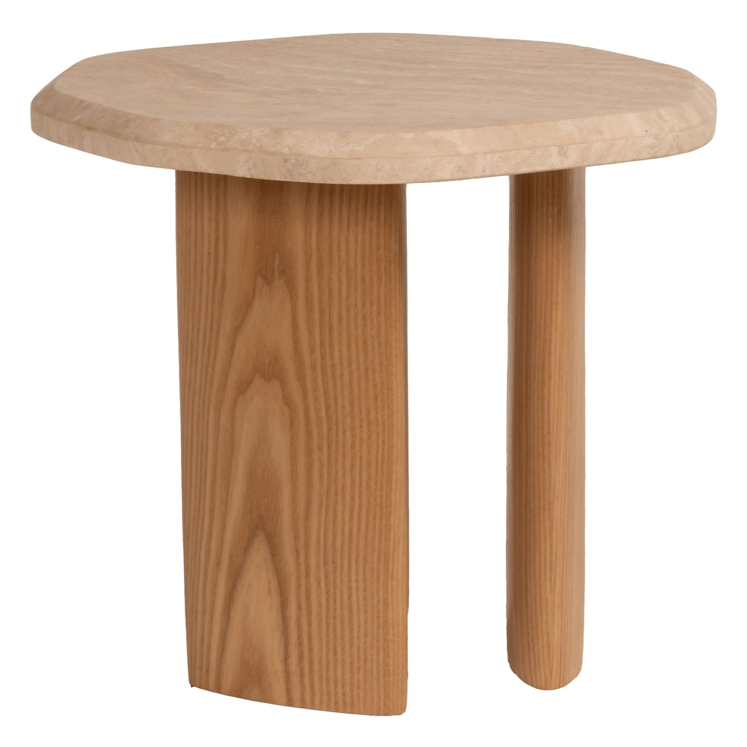 Table d'appoint ronde en chêne travertin naturel avec plateau en pierre et base en bois massif pour le salon ou la chambre à coucher