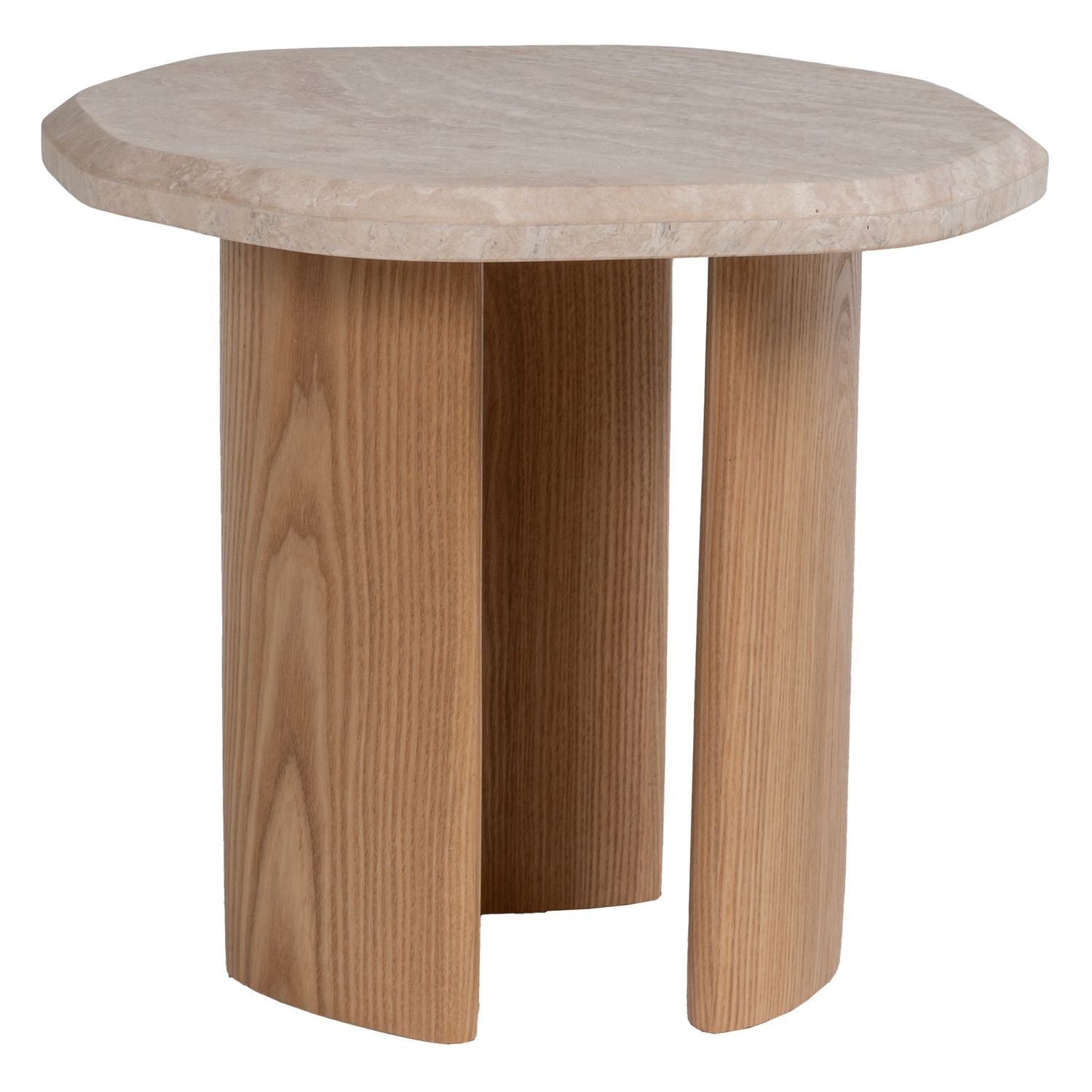 Table d'appoint ronde en chêne travertin naturel avec plateau en pierre et base en bois massif pour le salon ou la chambre à coucher