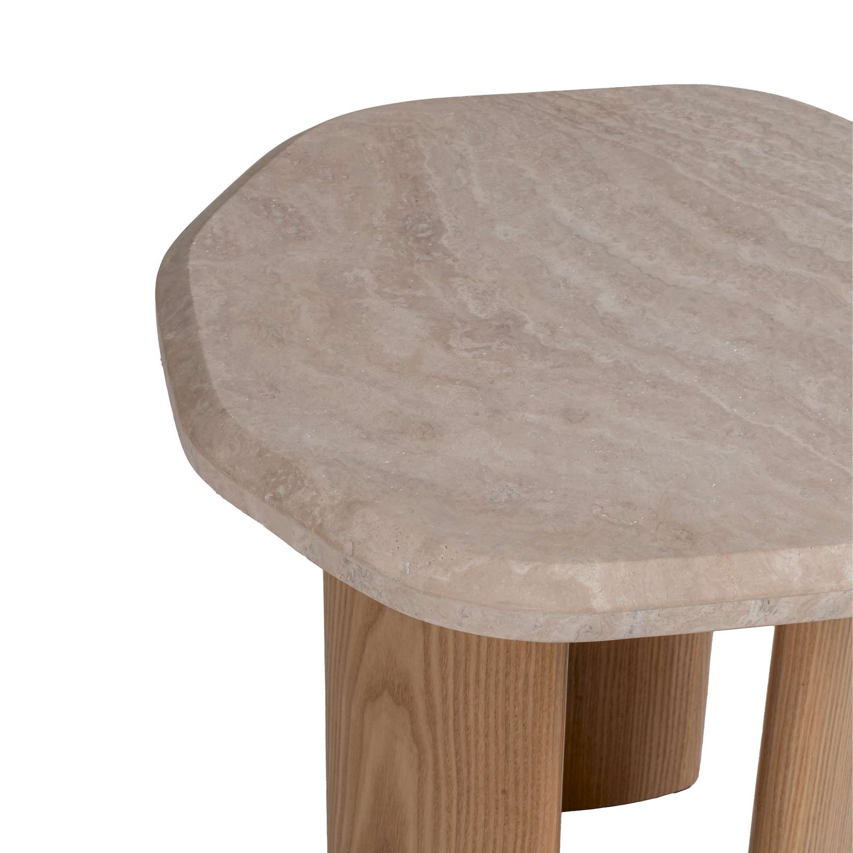 Table d'appoint ronde en chêne travertin naturel avec plateau en pierre et base en bois massif pour le salon ou la chambre à coucher