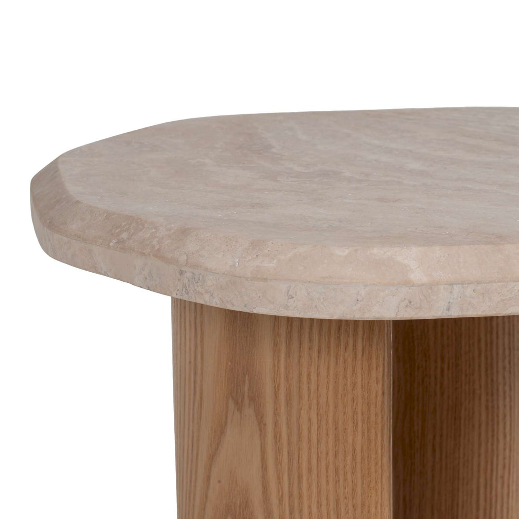 Table d'appoint ronde en chêne travertin naturel avec plateau en pierre et base en bois massif pour le salon ou la chambre à coucher