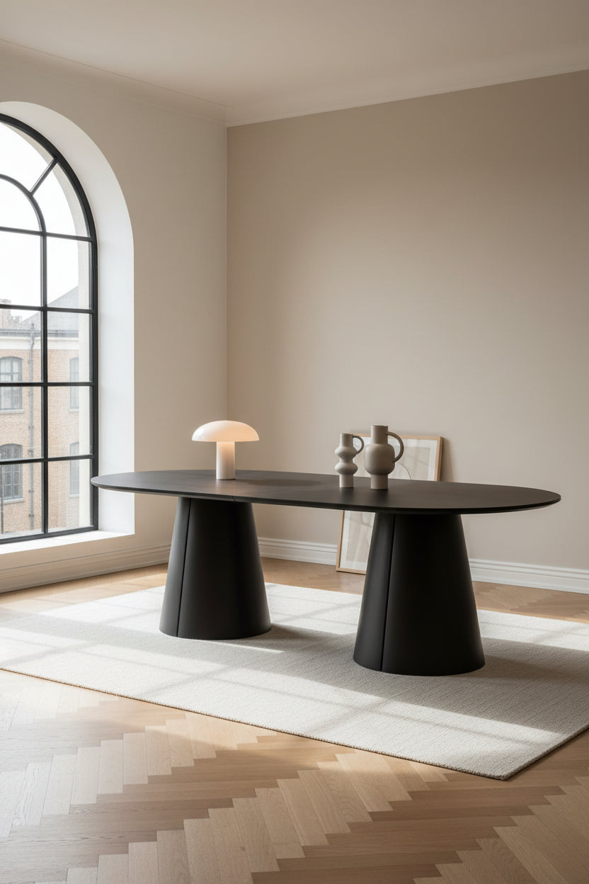 Table de salle à manger ou de conférence rectangulaire en stratifié d'acier contemporain avec piètement conique et prises électriques en option