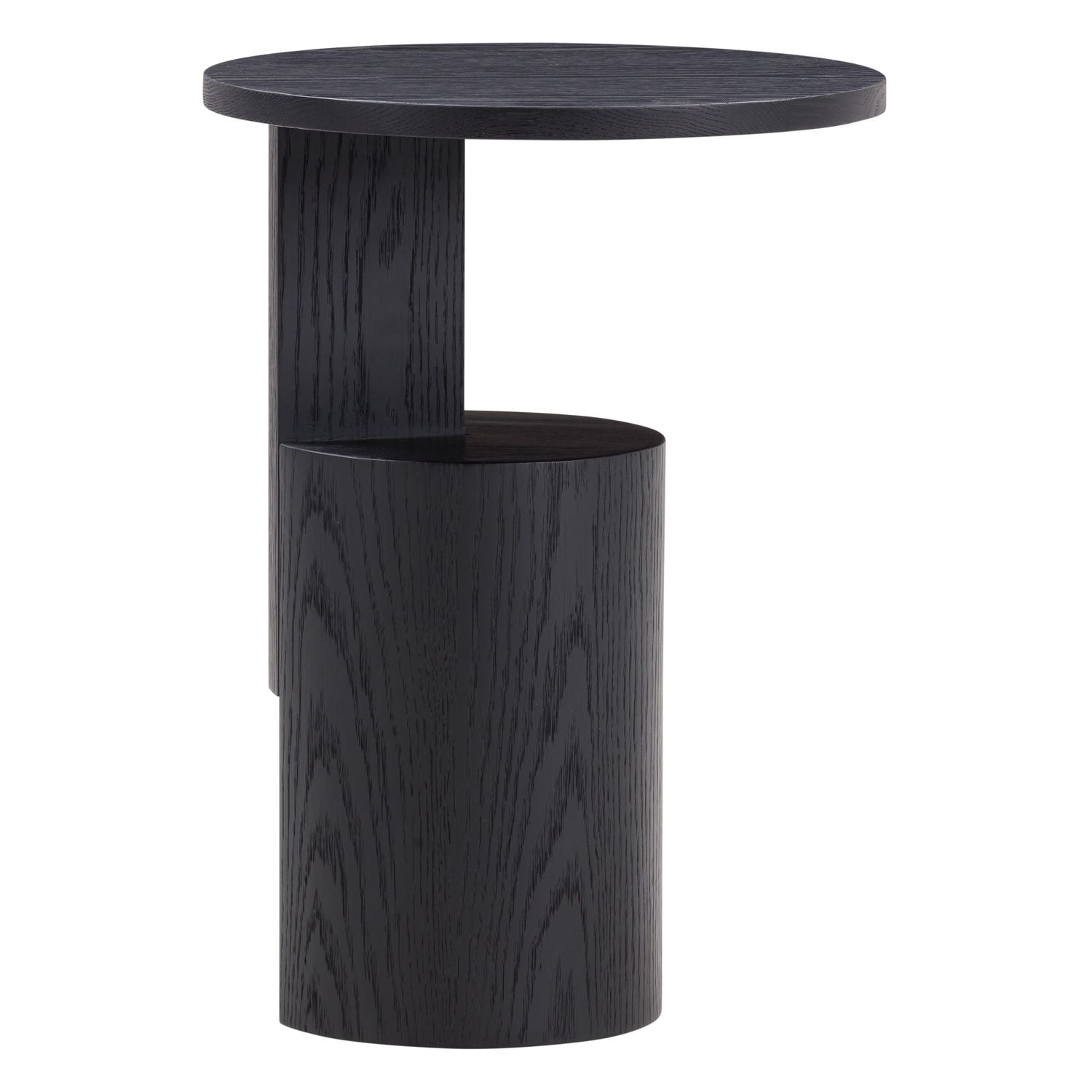 Table d'appoint moderne en chêne teinté noir avec base sculpturale et petit plateau pour salon