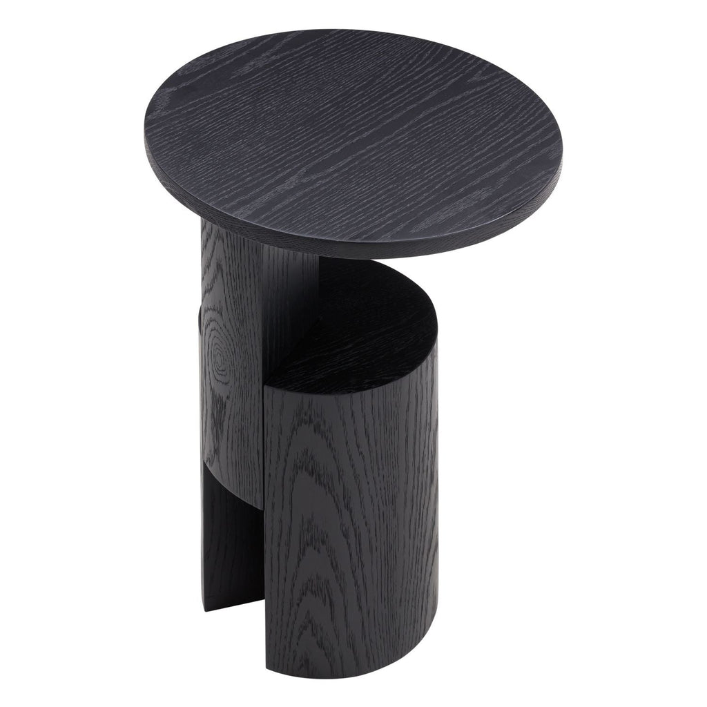 Table d'appoint moderne en chêne teinté noir avec base sculpturale et petit plateau pour salon