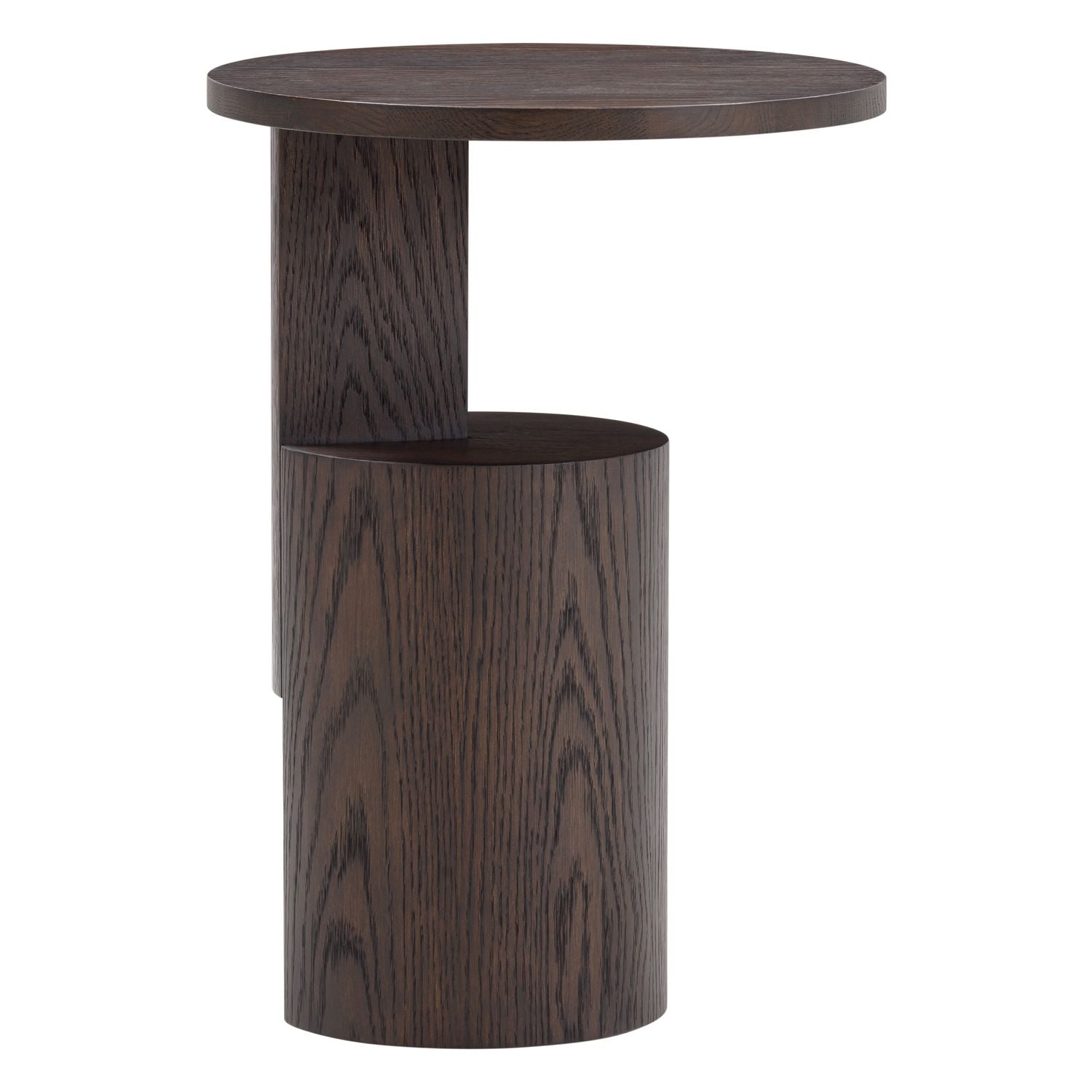Table d'appoint moderne en chêne teinté noir avec base sculpturale et petit plateau pour salon
