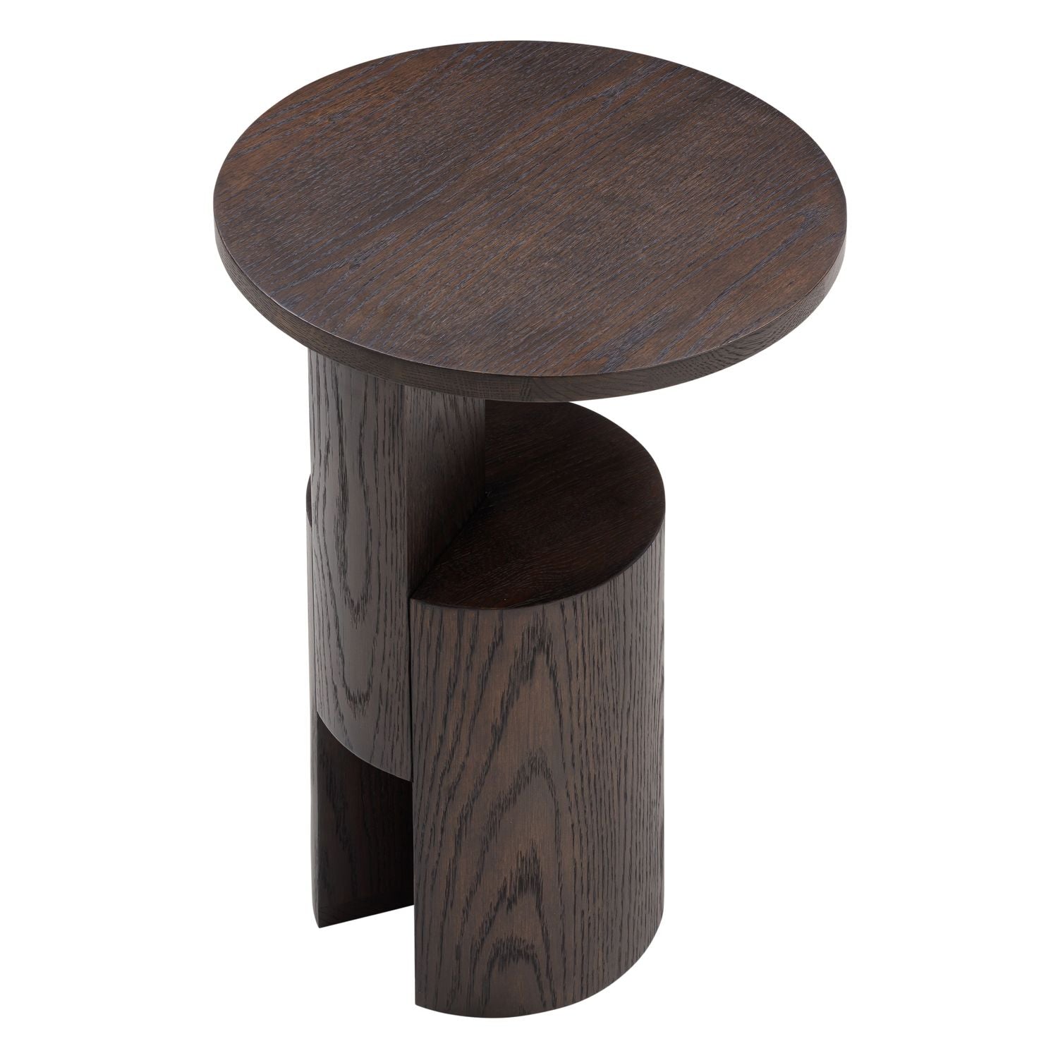 Table d'appoint moderne en chêne teinté noir avec base sculpturale et petit plateau pour salon