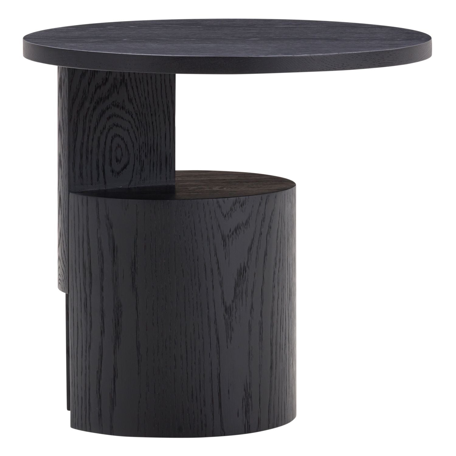 Table d'appoint moderne en chêne teinté noir avec base sculpturale et petit plateau pour salon
