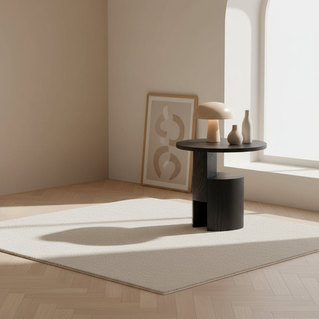 Table d'appoint moderne en chêne teinté noir avec base sculpturale et petit plateau pour salon
